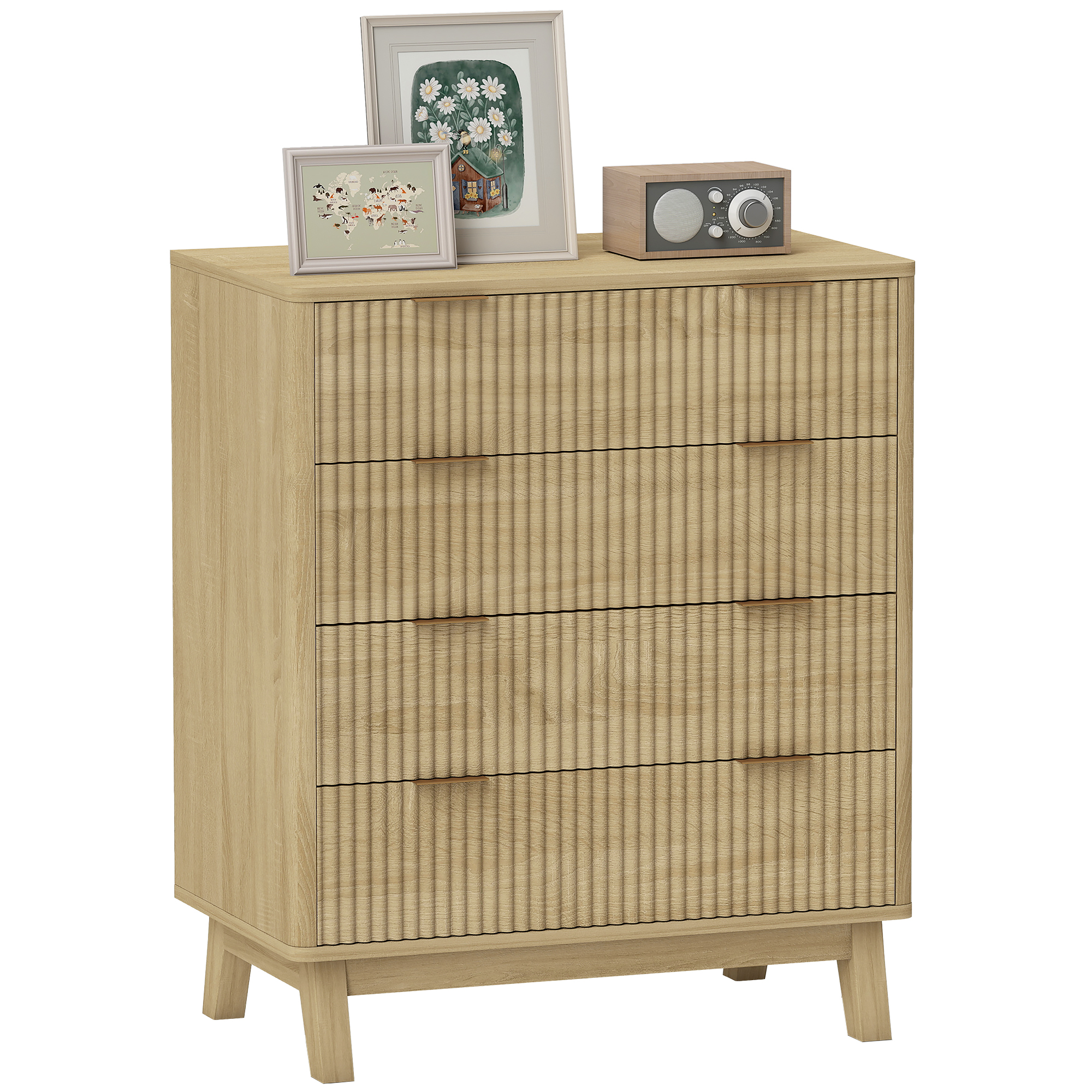 4 Drawer Double Dresser for Bedroom, Fluted Chest of Drawers with Gold Finger Pulls and 4 Wood Legs, Natural Wood (Drop Shipping Only, Not for Amazon)