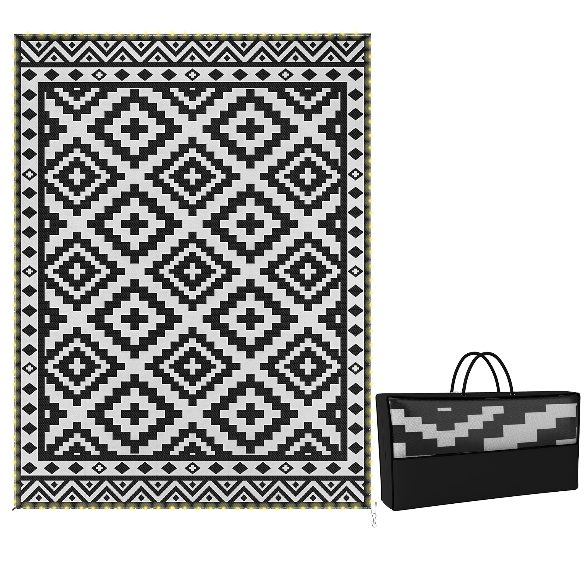 Outdoor Rug Carpet Reversible Plastic Straw Rug with LED Lights Black and White 12' x 9' for Patio (Drop Shipping Only, Not for Amazon)