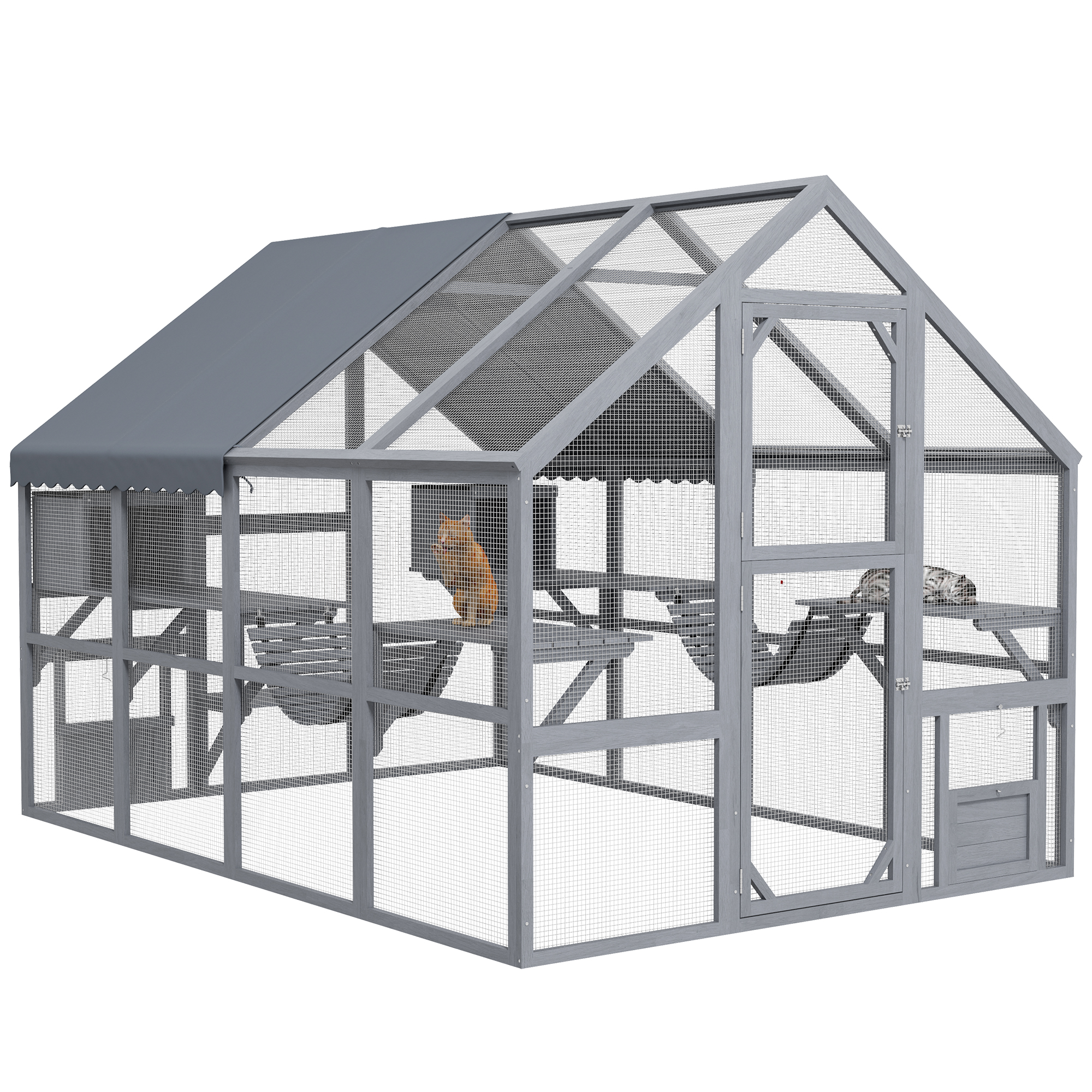Wooden Catio Outdoor Cat Enclosure with Waterproof Cover, 2 Condos, 6 Platforms, Bridge, Doors, White (Drop Shipping Only, Not for Amazon)