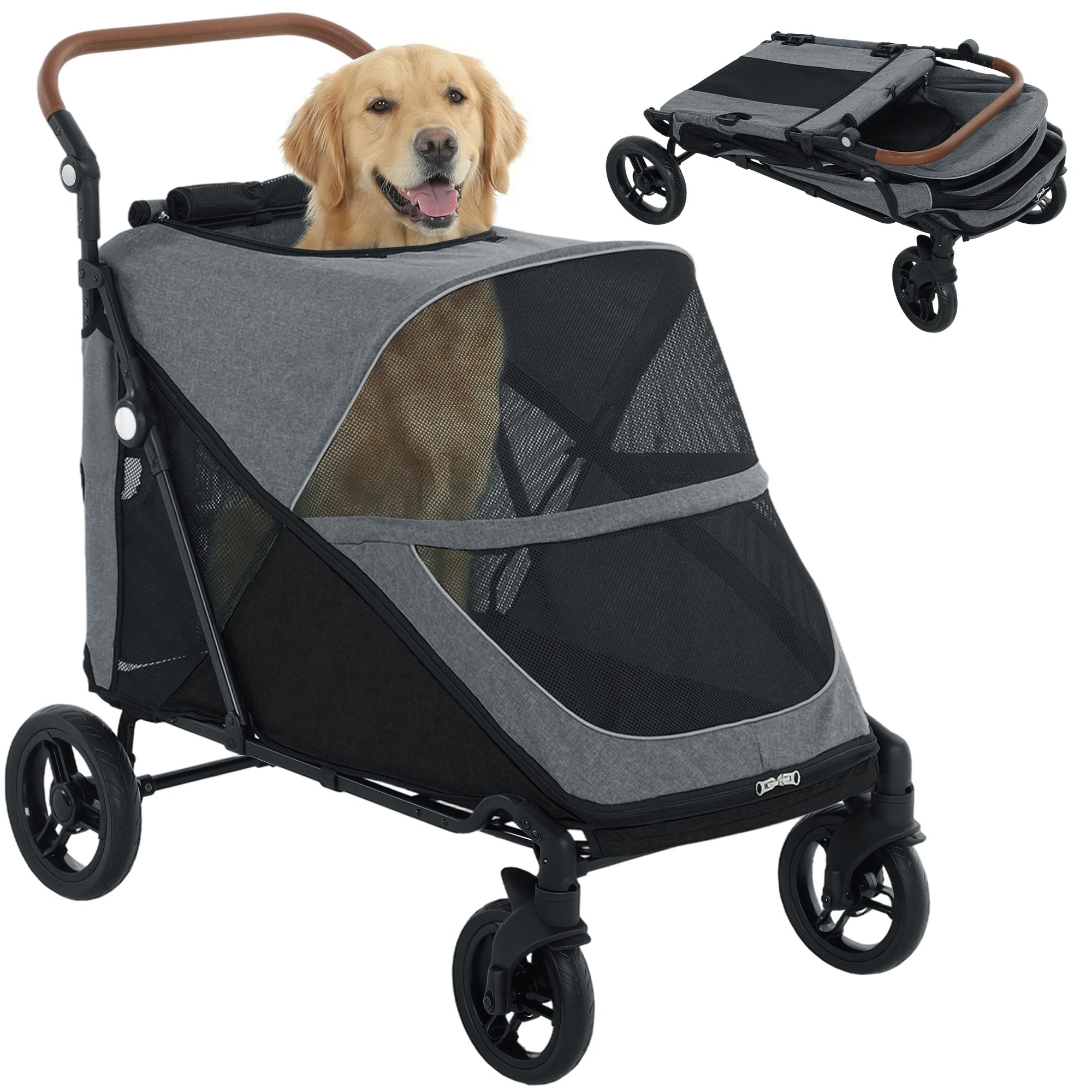 Dog Stroller for Large Dogs Up to 66 LBS with All-Terrain Spring Suspension, 8-Position Adjustable Handle, Gray (Drop Shipping Only, Not for Amazon)