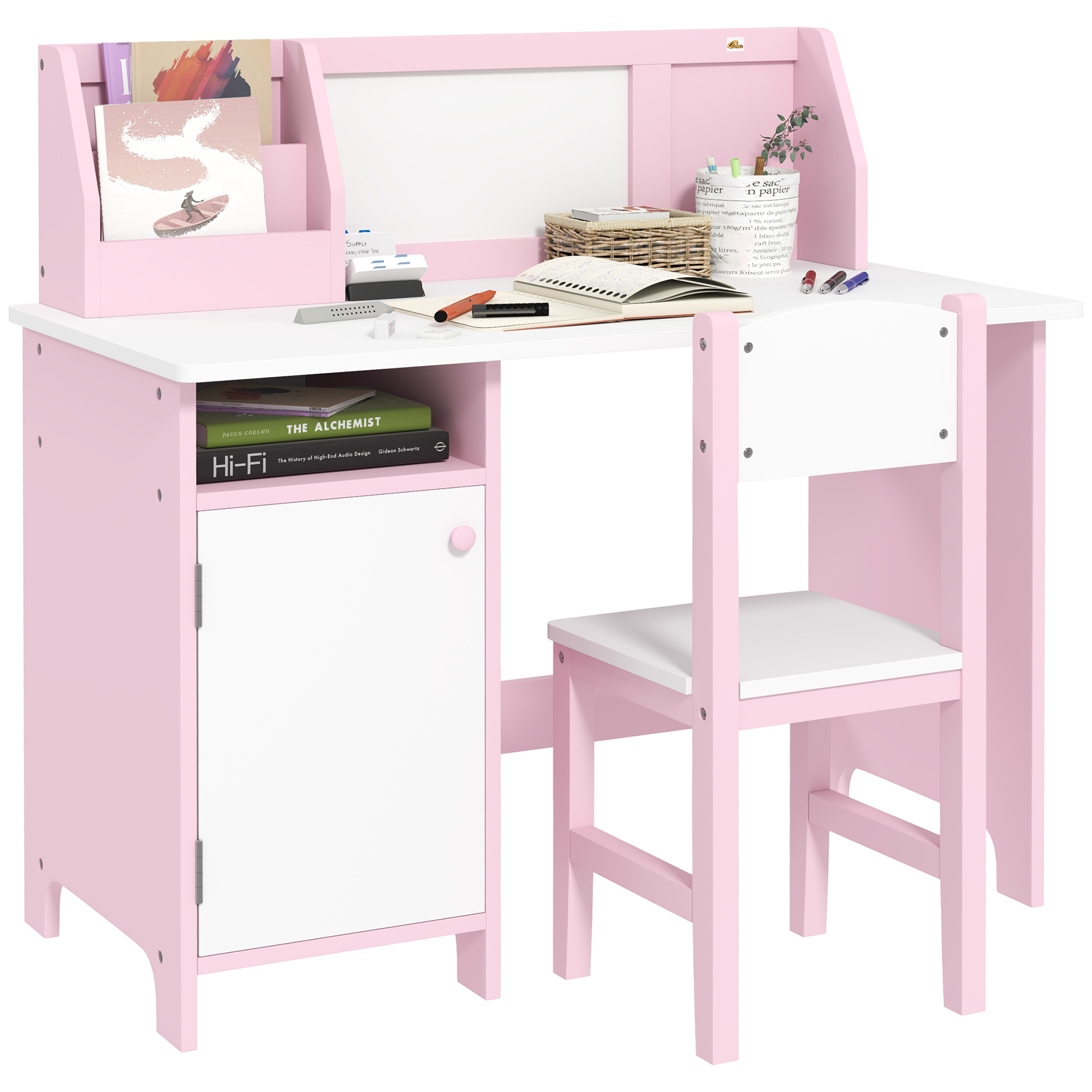 Qaba Toddler Table and Chair Set, Kids Writing Desk Homework Table with Whiteboard, Storage Cabinet, Pink (Drop Shipping Only, Not for Amazon)