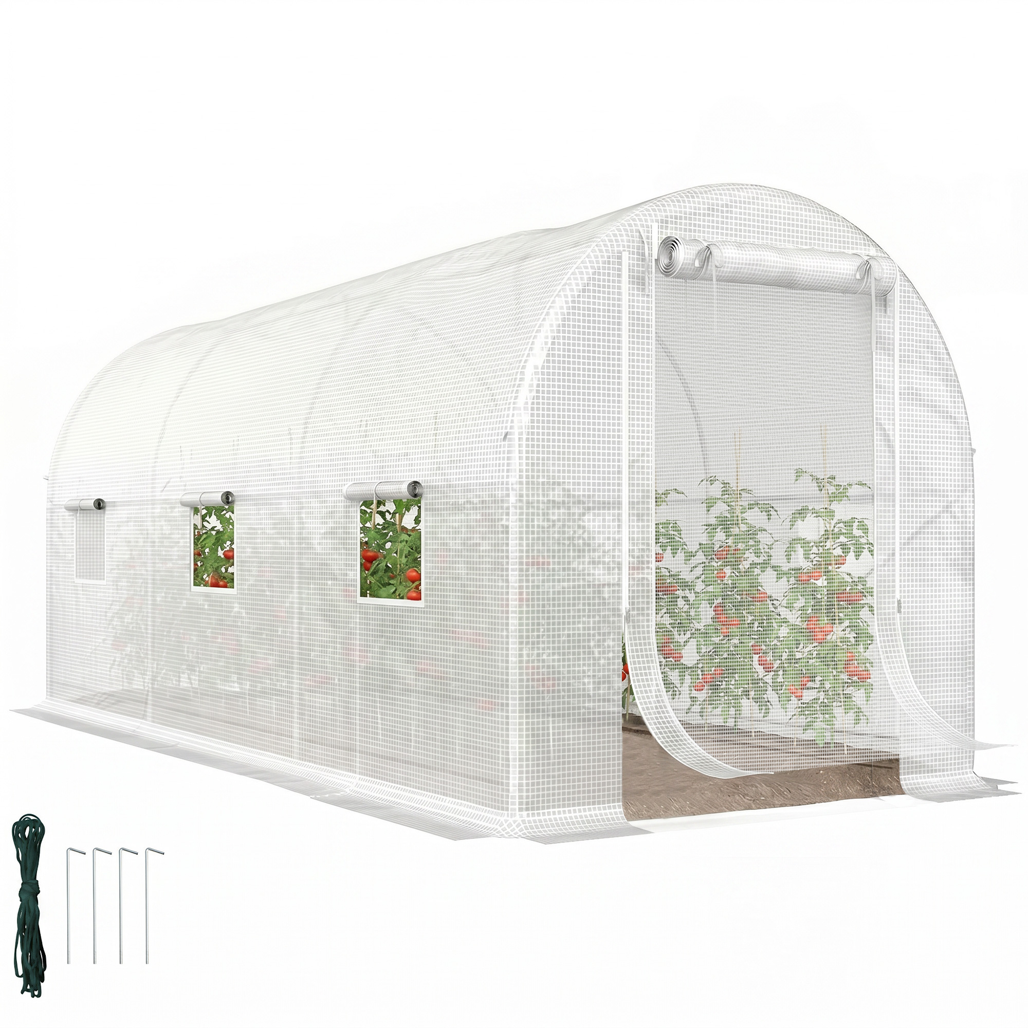 Hoop House Greenhouse, Walk-in Tunnel Greenhouse with 2 Support Rods, Zippered Roll-up Mesh Door, 14.6'x6.5'x6.6', White (Drop Shipping Only, Not for Amazon)
