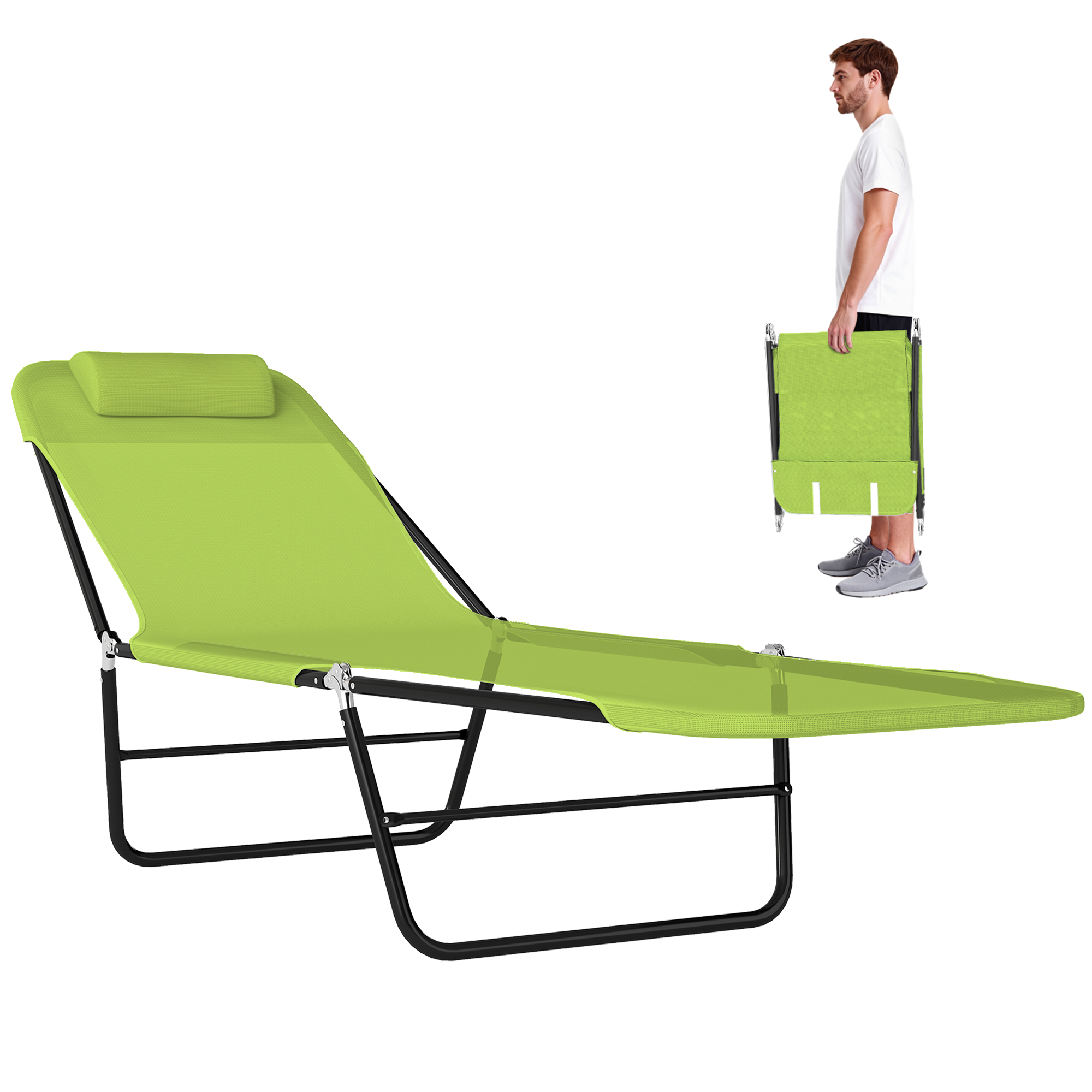 Folding Chaise Lounge Chair, Pool Sun Tanning Chair, Outdoor Lounge Chair with Reclining Back, Breathable Mesh Seat, Headrest for Beach, Yard, Patio, Green (Drop Shipping Only, Not for Amazon)