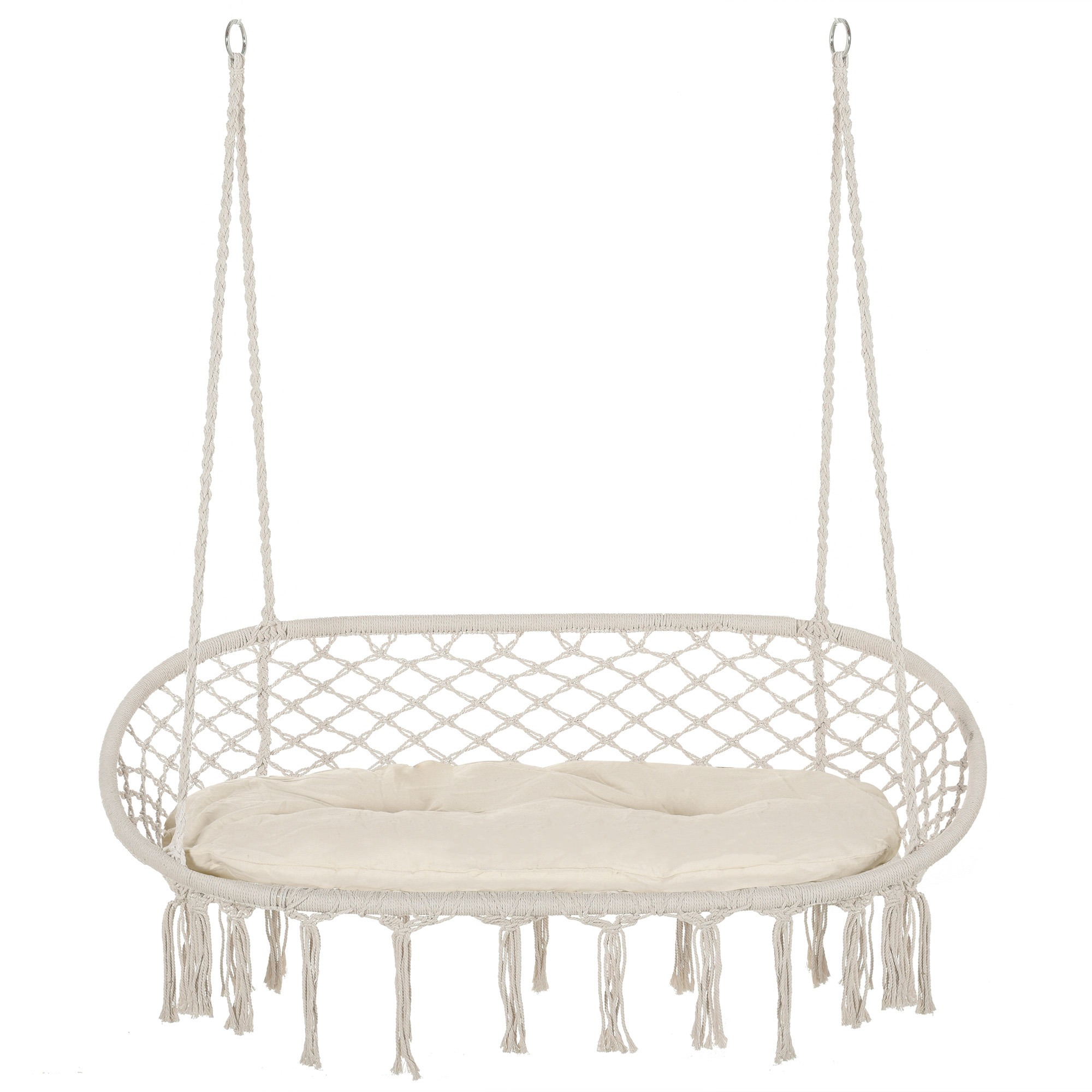 2-Person Hammock Chair Macrame Swing with Soft Cushion, Hanging Cotton Rope Chair for Indoor Outdoor Home Patio Backyard, White (Drop Shipping Only, Not for Amazon)