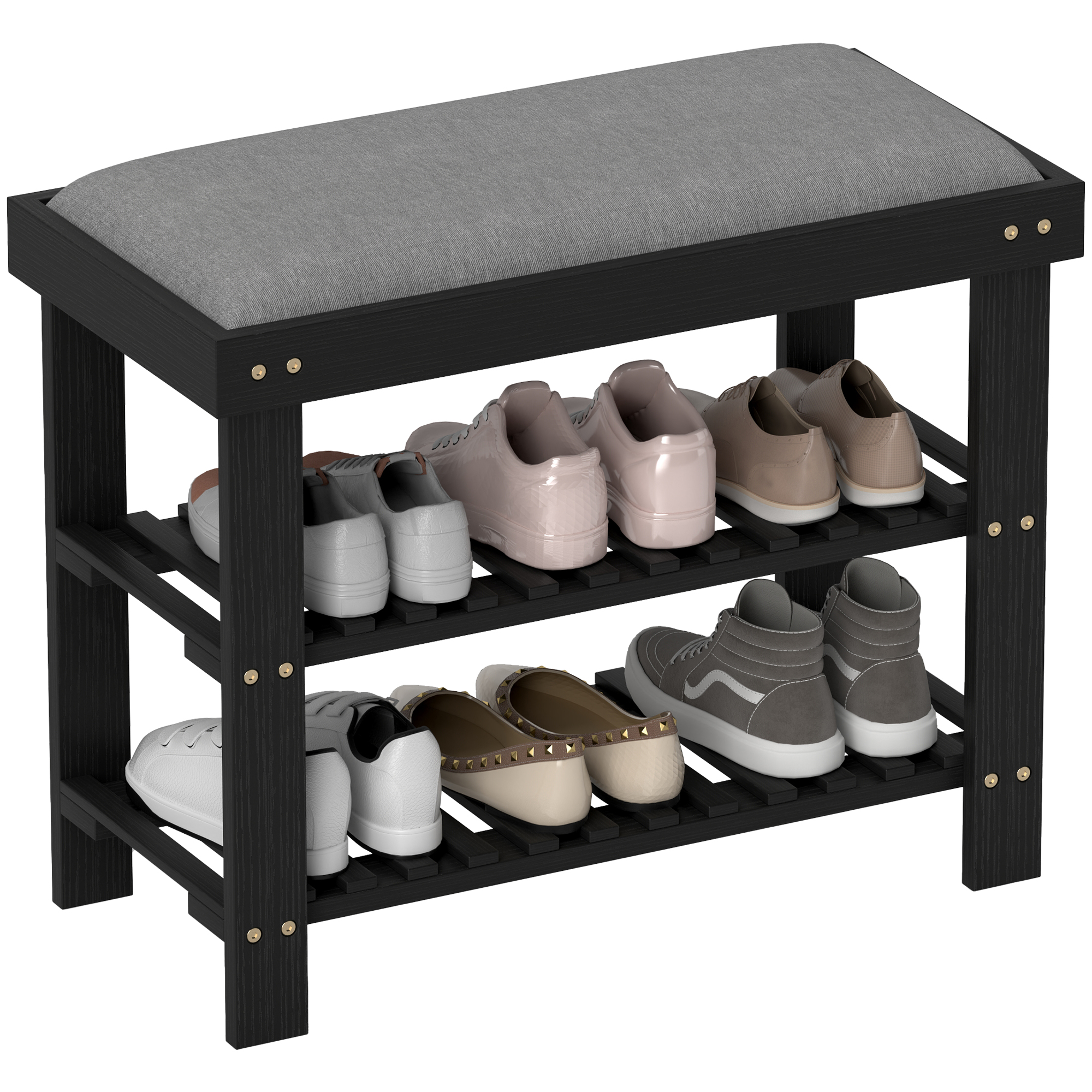 Bamboo Shoe Storage Bench, 3-Tier Entryway Bench with Cushion, Shoe Organizer for Entryway, Hallway, Black (Drop Shipping Only, Not for Amazon)