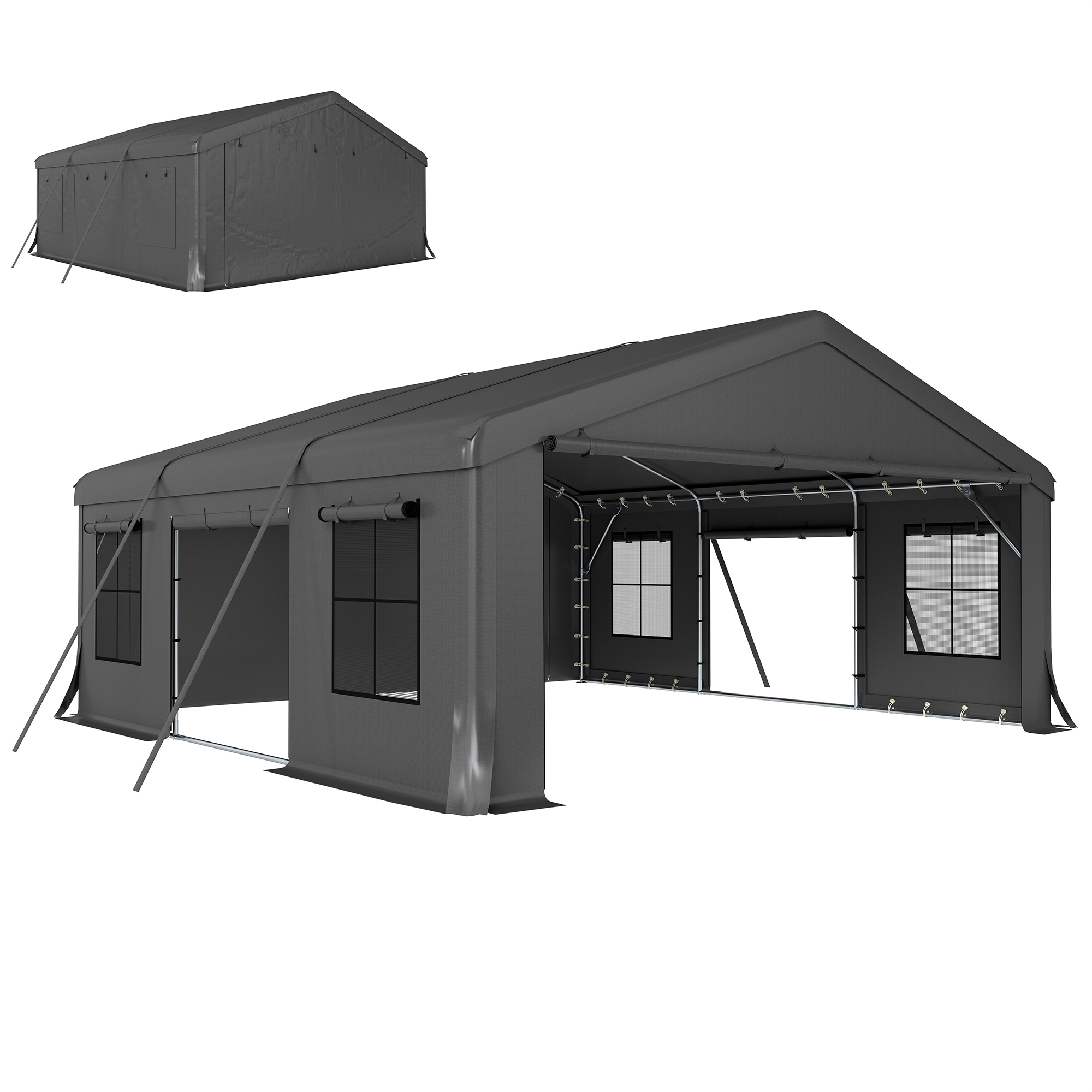 20' x 20' Heavy Duty Carport, Portable Garage Car Canopy Tent Shelter with 3 Roll-up Doors, 4 Windows, Dark Gray (Drop Shipping Only, Not for Amazon)