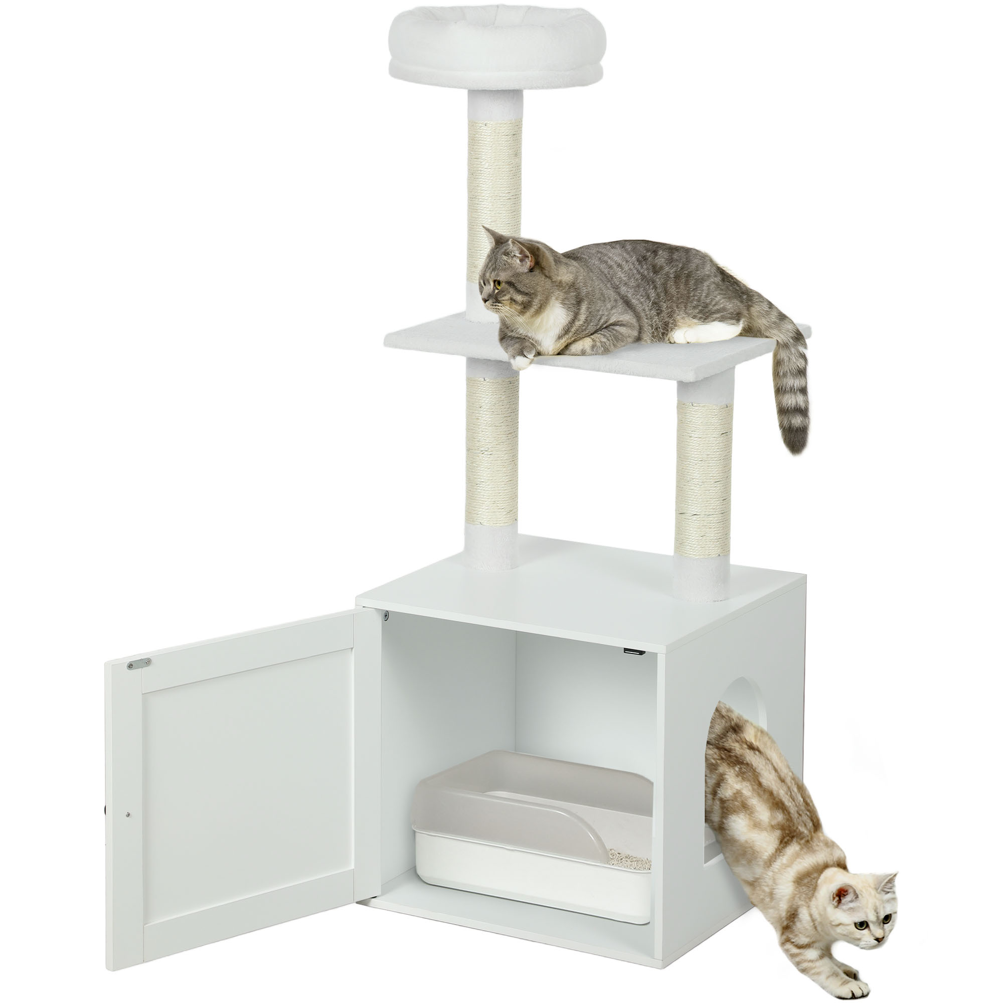 Cat Tree with Litter Box Enclosure, Scratching Posts, Bed, Climbing Platforms for Indoor Cats, White (Drop Shipping Only, Not for Amazon)