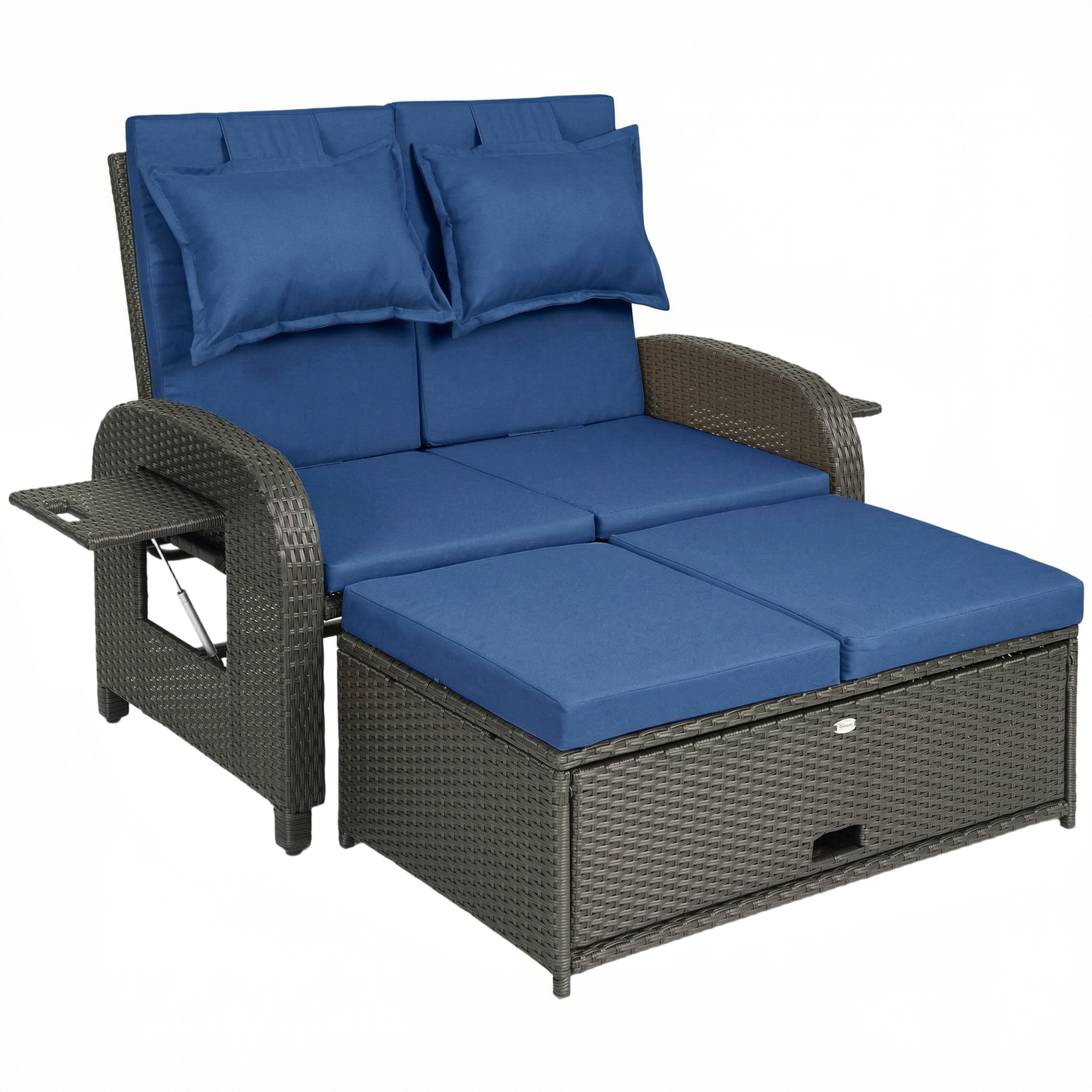 Patio Rattan Daybed, Wicker Outdoor Daybed with Storage Ottoman, Loveseat w/ Adjustable Backrest, Navy Blue (Drop Shipping Only, Not for Amazon)