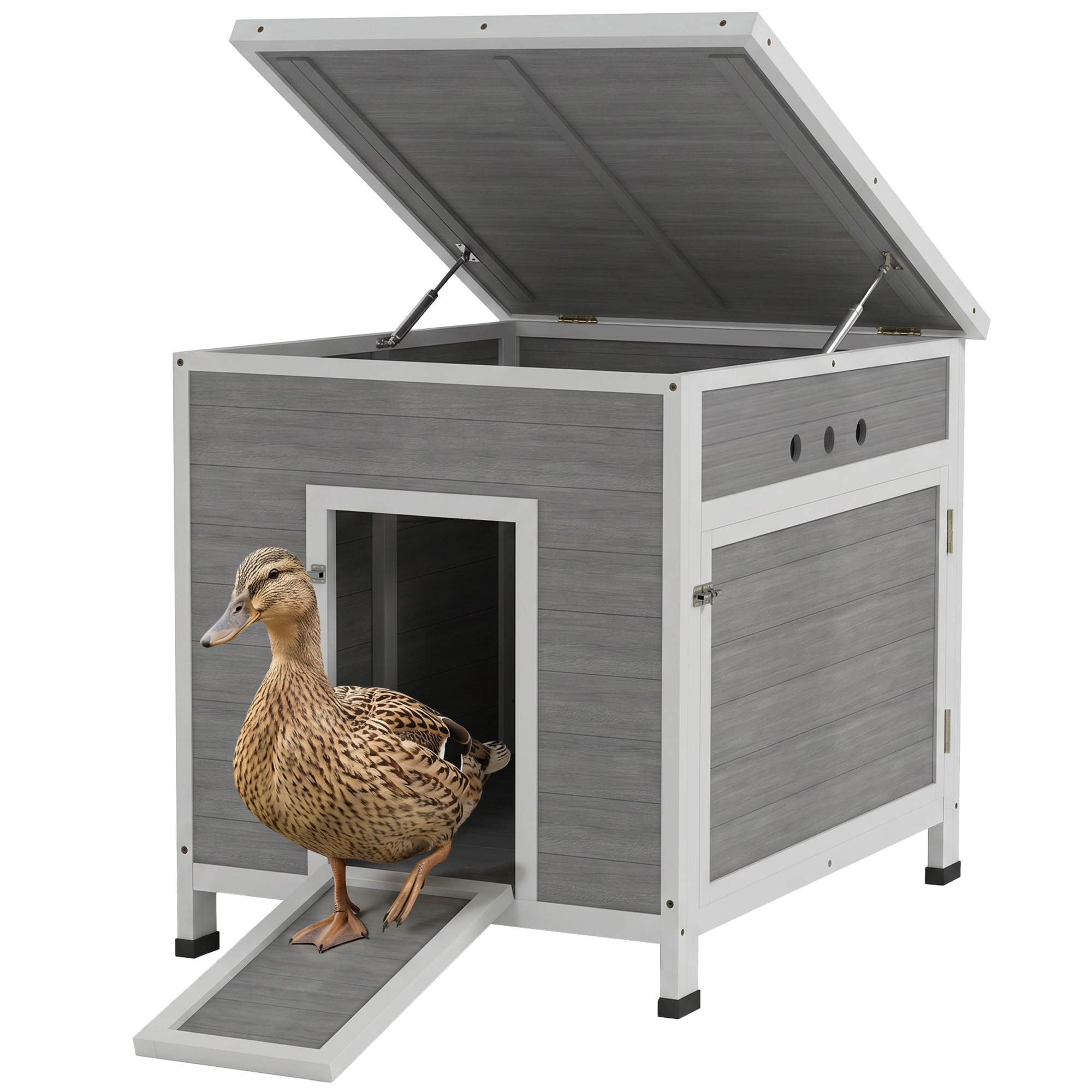 Wooden Duck House with Ramp, Double Doors, Openable Asphalt Roof, Ventilation Holes, Removable Base, Light Grey (Drop Shipping Only, Not for Amazon)