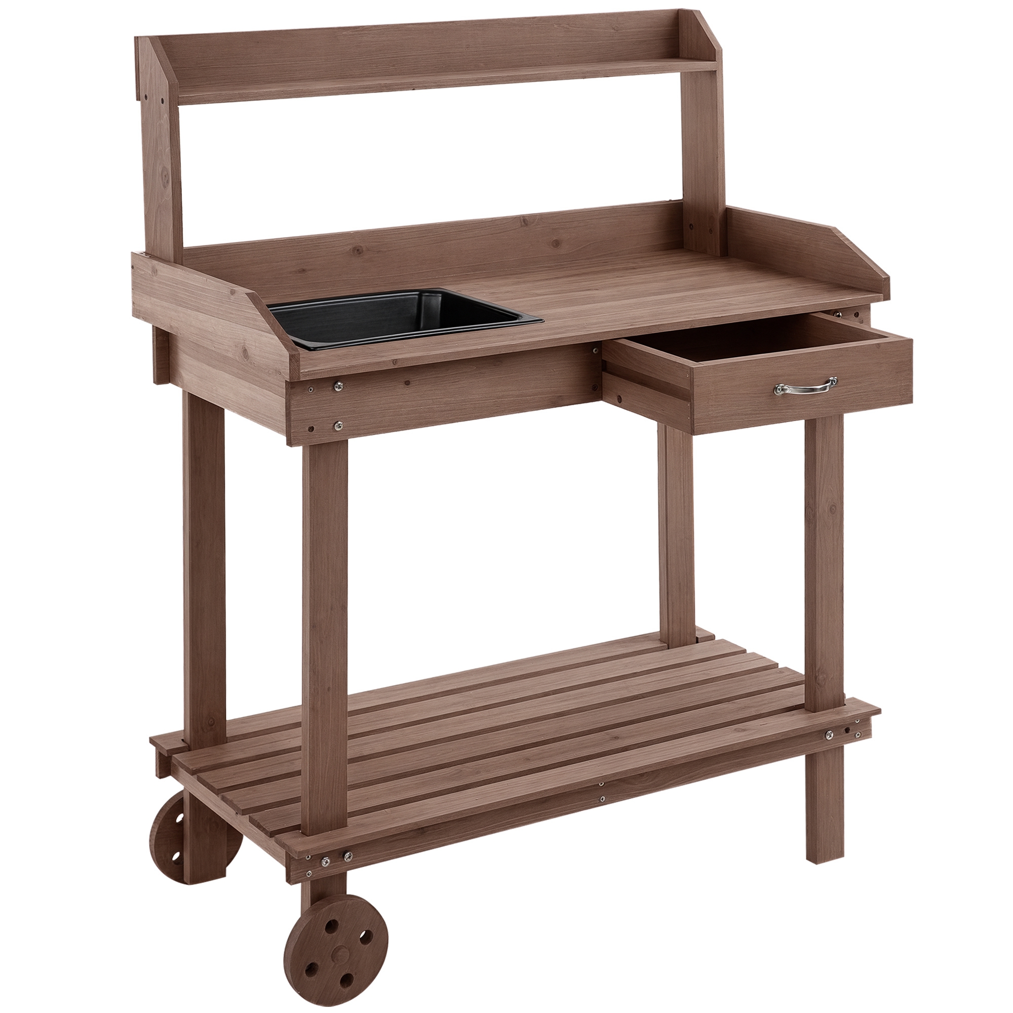 36'' Wooden Potting Bench Work Table with 2 Removable Wheels, Sink, Drawer & Large Storage Spaces, Brown (Drop Shipping Only, Not for Amazon)
