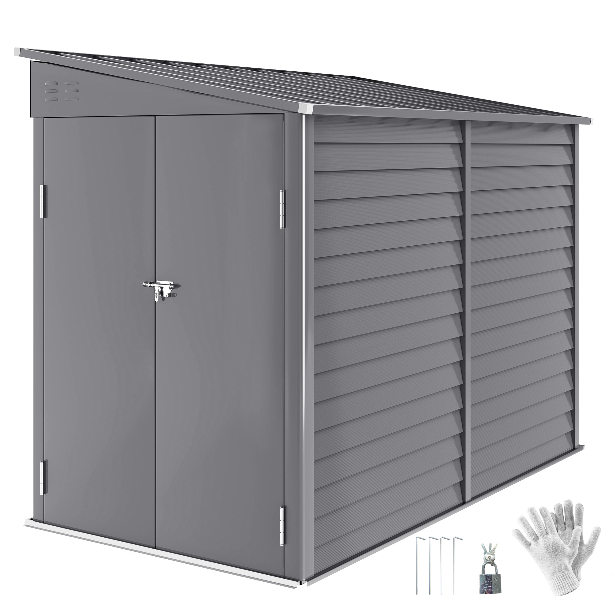 5 x 9ft Galvanised Metal Garden Shed with Foundation Kit, Outdoor Lean-to Shed, Tool Storage House for Garden, Grey (Drop Shipping Only, Not for Amazon)
