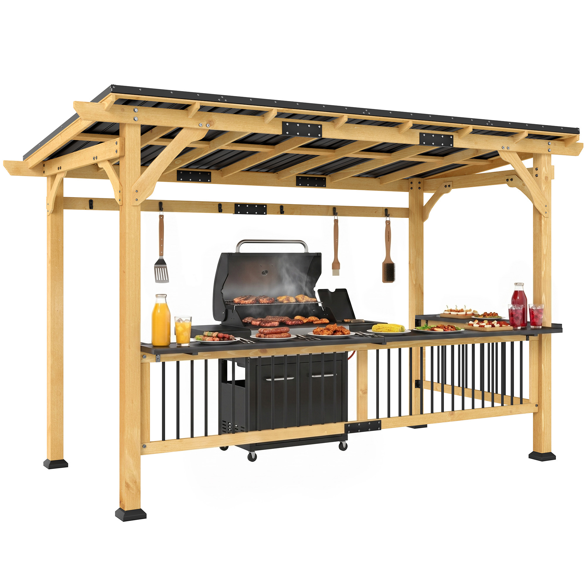 13' x 6' Wooden BBQ Grill Gazebo, Outdoor Hardtop Grill Gazebo with Metal Roof, 2 Bar Shelves and 6 Hooks, Natural (Drop Shipping Only, Not for Amazon)