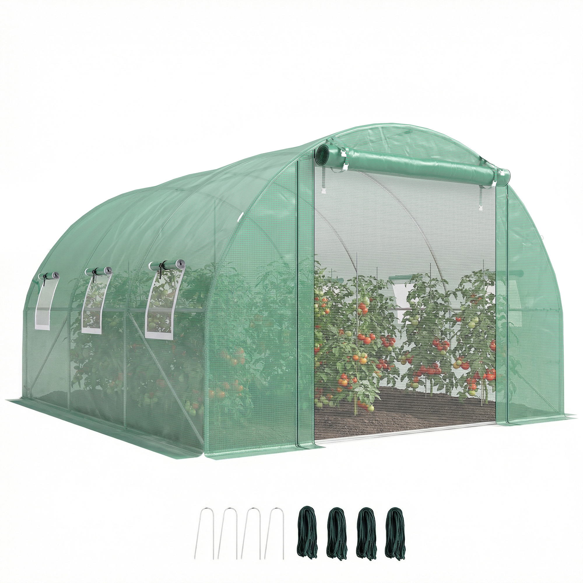 10'x11'x6' Walk-in Tunnel Greenhouse with Shelves, Mesh Door and Windows, Hoop House Greenhouse with PE Cover, Green (Drop Shipping Only, Not for Amazon)