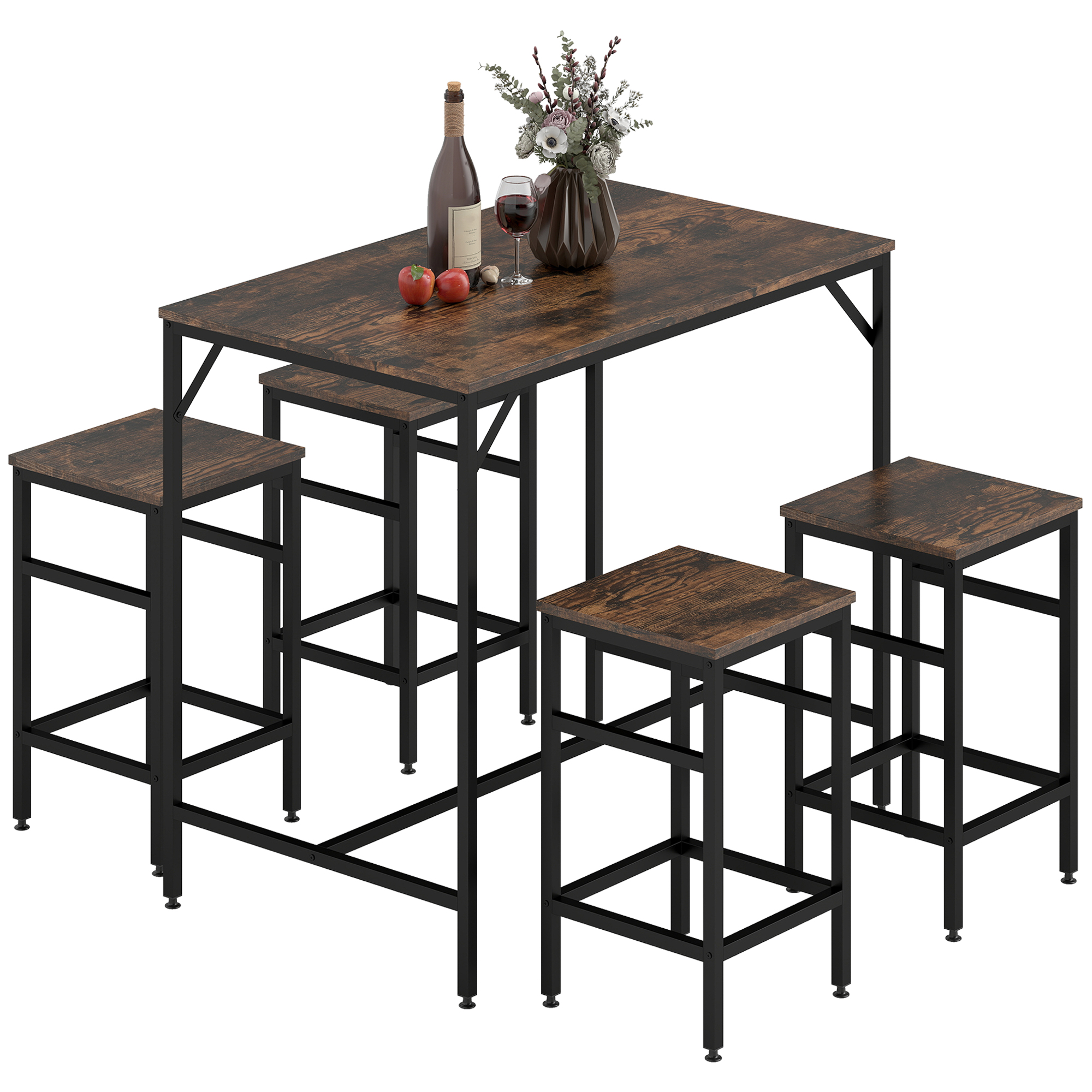 5-Piece Industrial Dining Table Set, Bar Table & 4 Stools Set, Space Saving for Pub & Kitchen, Rustic Brown/Black (Drop Shipping Only, Not for Amazon)