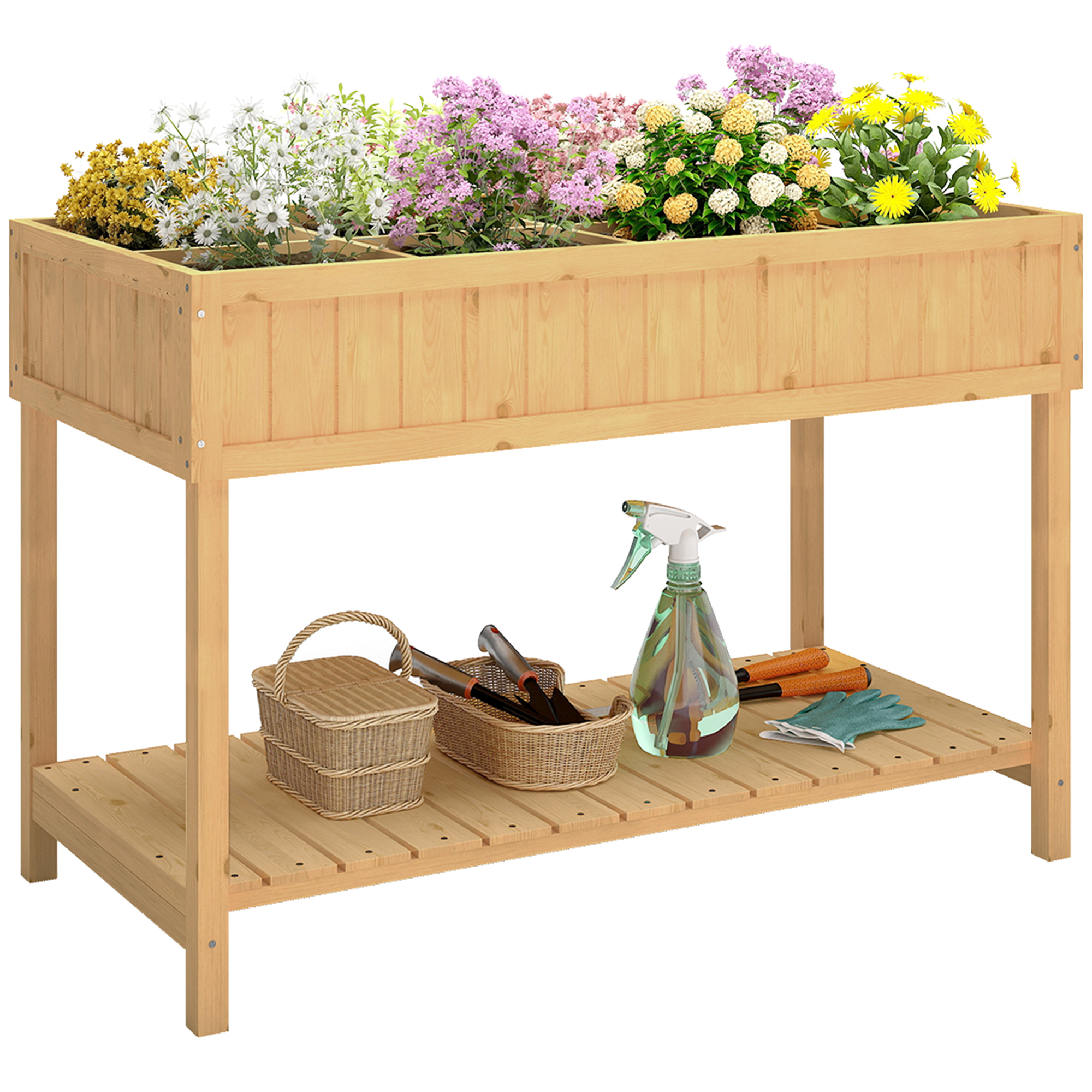 Fir Wood Raised Rectangular 8 Compartment Plant Stand Oak Tone (Drop Shipping Only, Not for Amazon)