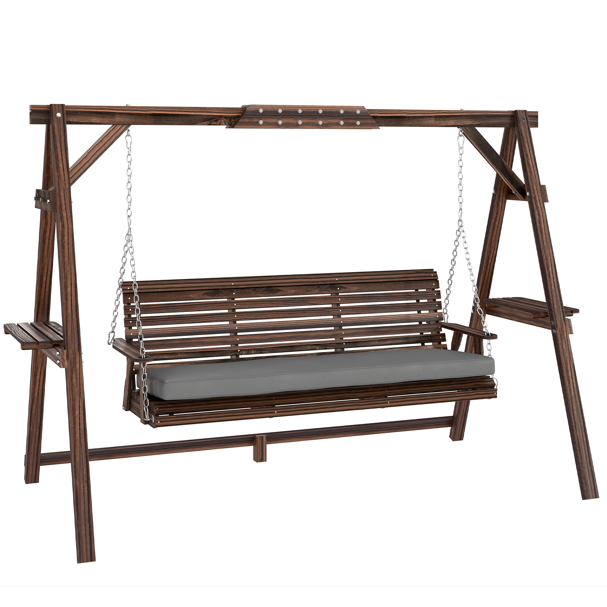 3 Seater Garden Swing Seat, Wooden Swing Chair Bench with Cushion, Side Trays and Metal Chains, for Outdoor Porch Patio, Carbonised Brown (Drop Shipping Only, Not for Amazon)