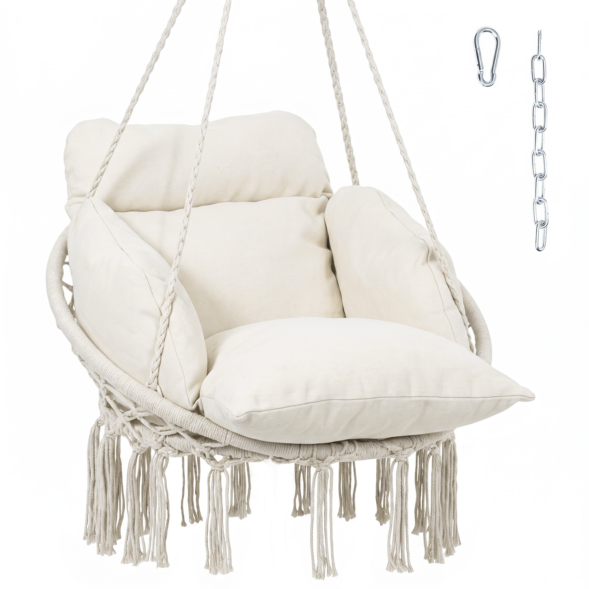 Hammock Swing Chair, Macrame Hanging Chair with Large Cushion, Chain, Steel Frame for Indoor Outdoor Use, Gray (Drop Shipping Only, Not for Amazon)
