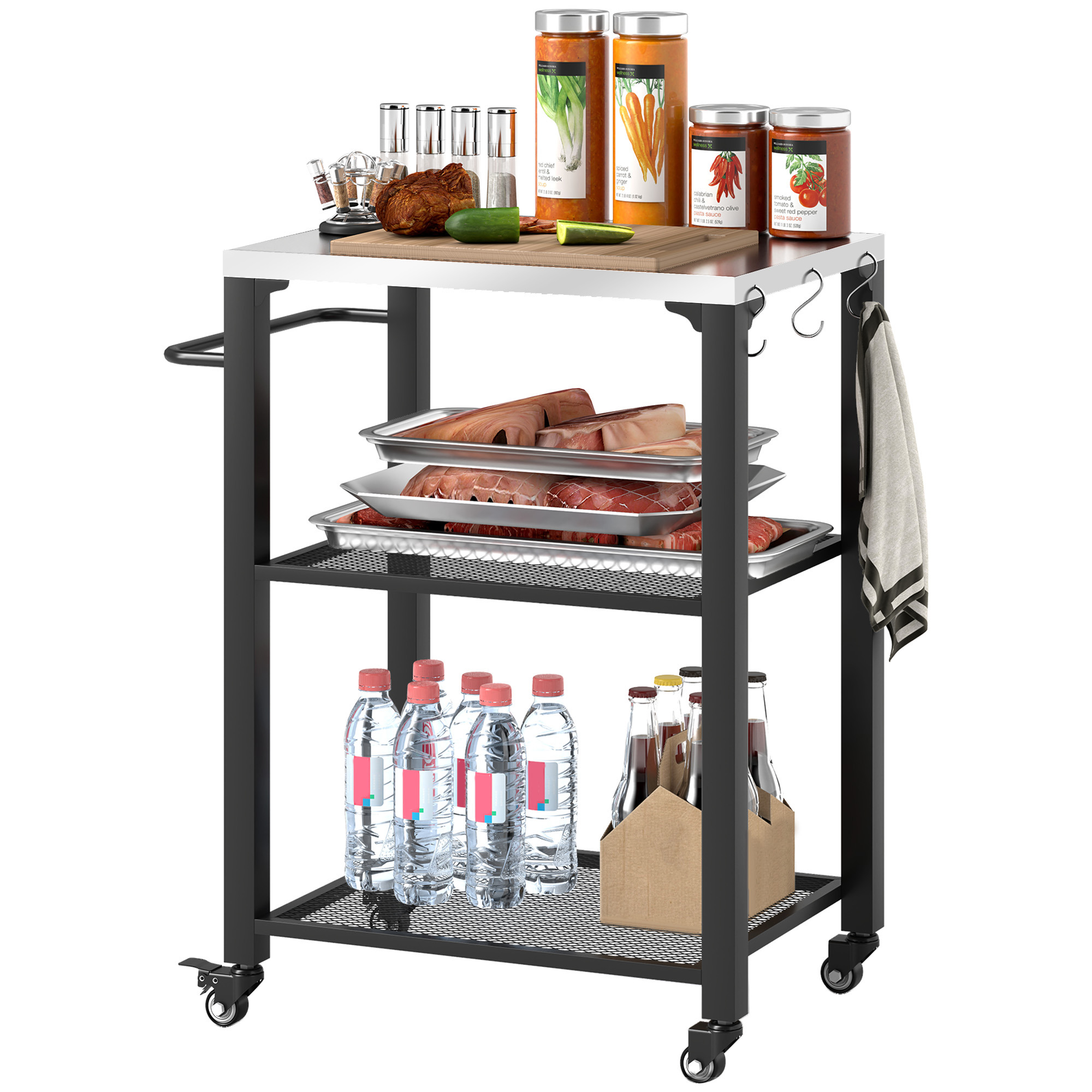 3-Shelf Outdoor Grill Cart with Stainless Steel Tabletop, Movable Pizza Oven Table with Hooks, Side Handle, Wheels (Drop Shipping Only, Not for Amazon)