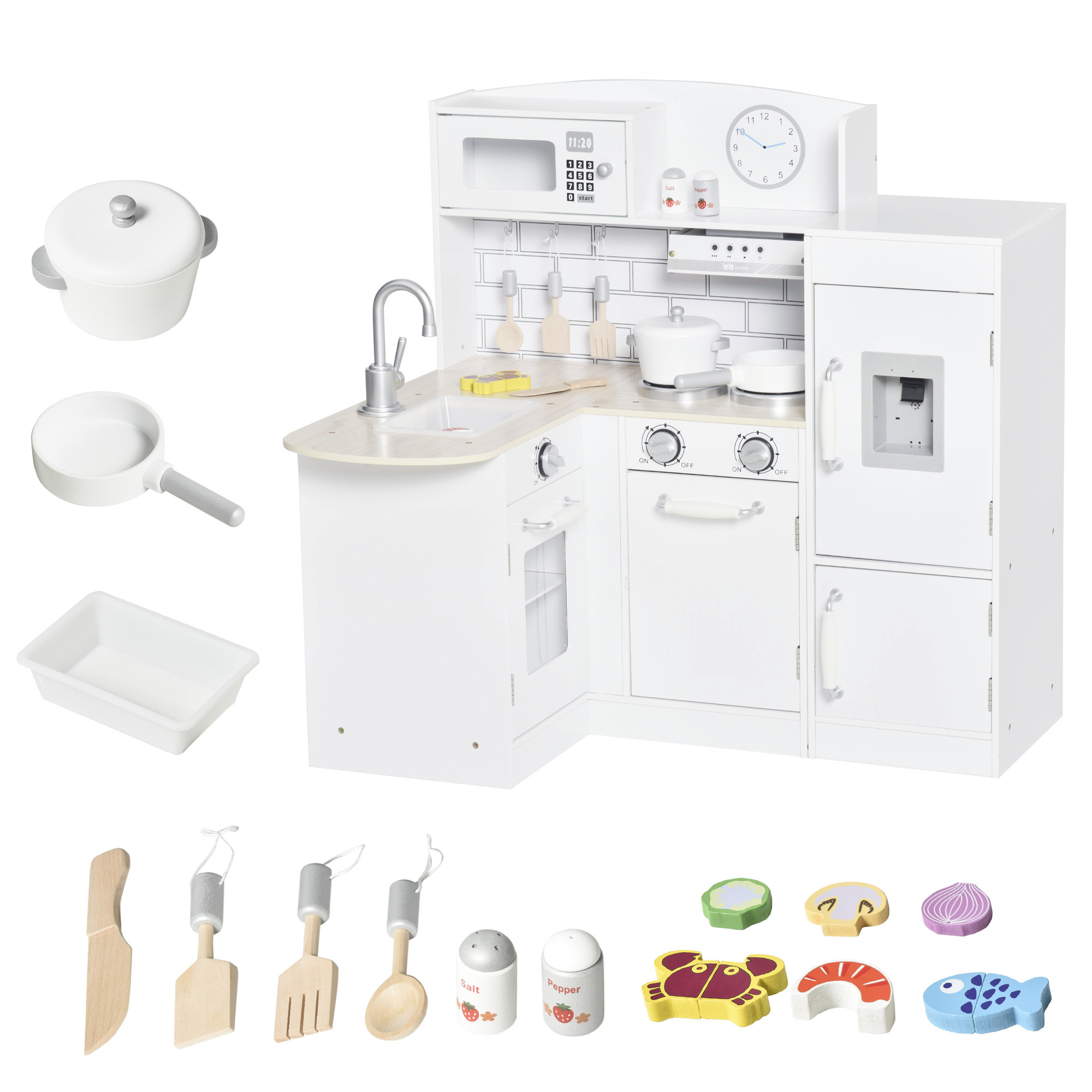 Corner Kids Kitchen Playset, Wooden Pretend Toy Kitchen Set with Drinking Fountain, Microwave, Fridge and Accessories, Pretend Play Kitchen for 3+ Years, White (Drop Shipping Only, Not for Amazon)