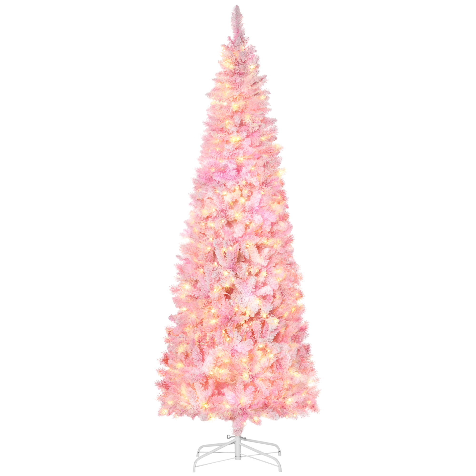 7.5ft Prelit Snow Flocked Artificial Christmas Tree with Pencil Shape, Pine Realistic Branches, Warm White LED lights, Auto Open, Pink and White (Drop Shipping Only, Not for Amazon)