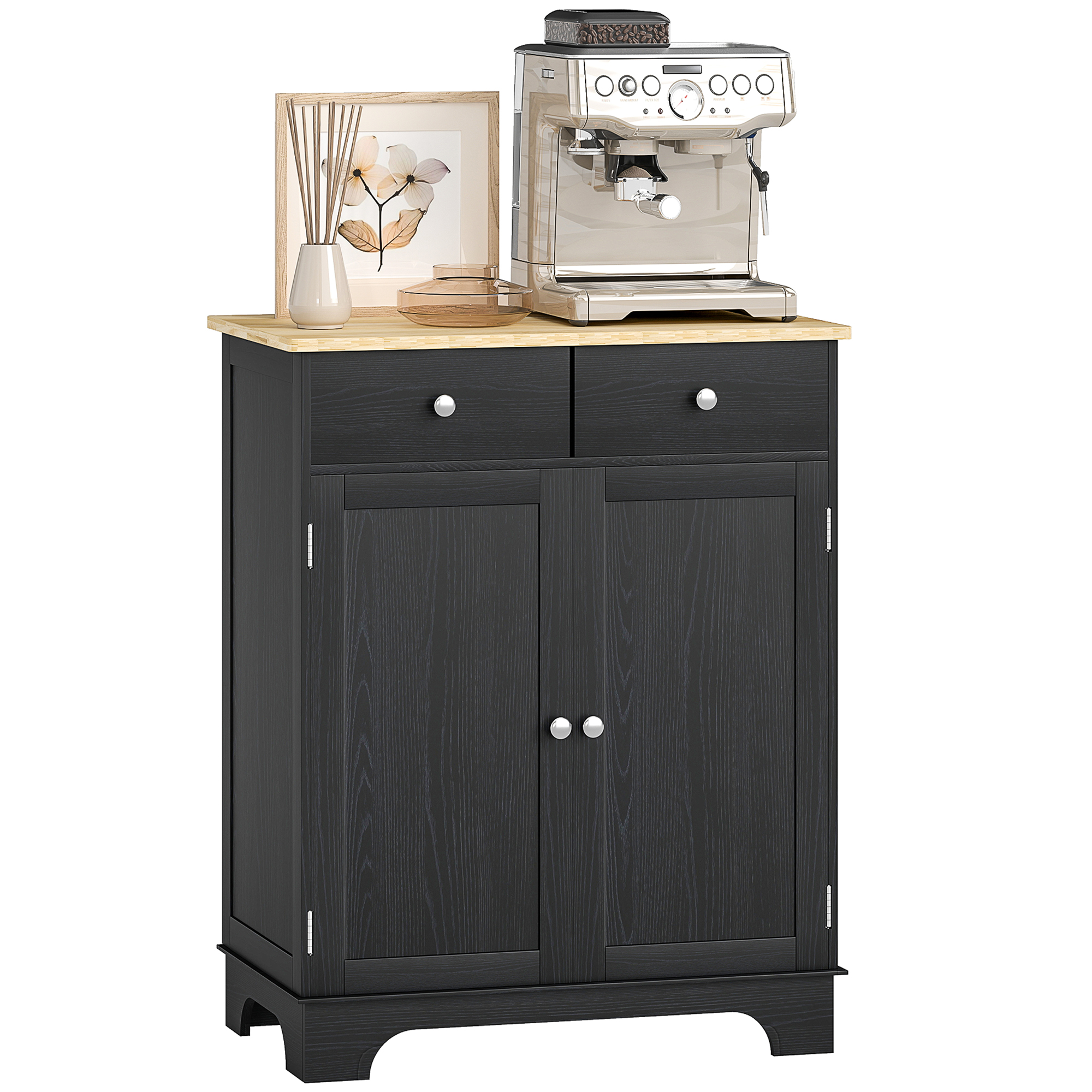 Kitchen Storage Cabinet, Sideboard Floor Cupboard with Solid Wood Top, Adjustable Shelf, and 2 Drawers, Distressed Black (Drop Shipping Only, Not for Amazon)