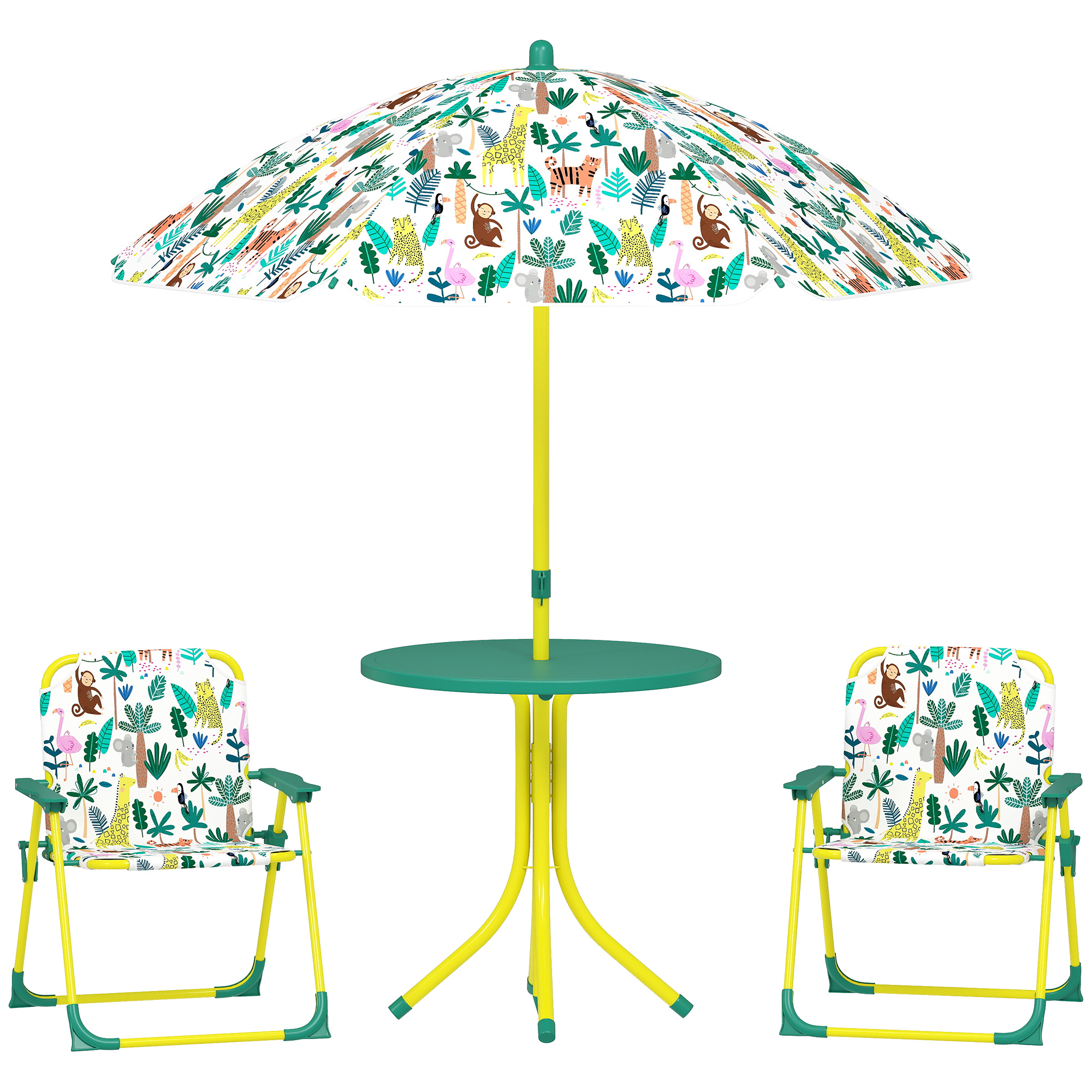 Qaba Kids Picnic Table, Kids Table and Chair Set with 2 Folding Chairs and Umbrella for Backyard, Garden, Patio, Green (Drop Shipping Only, Not for Amazon)