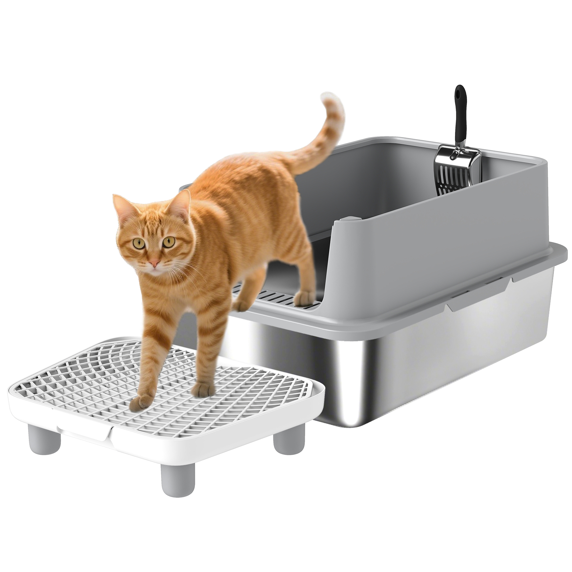 Extra Large Stainless Steel Cat Litter Box with Scoop & Pad, Anti-Urine Leakage, Easy Cleaning, Non-Sticky (Drop Shipping Only, Not for Amazon)