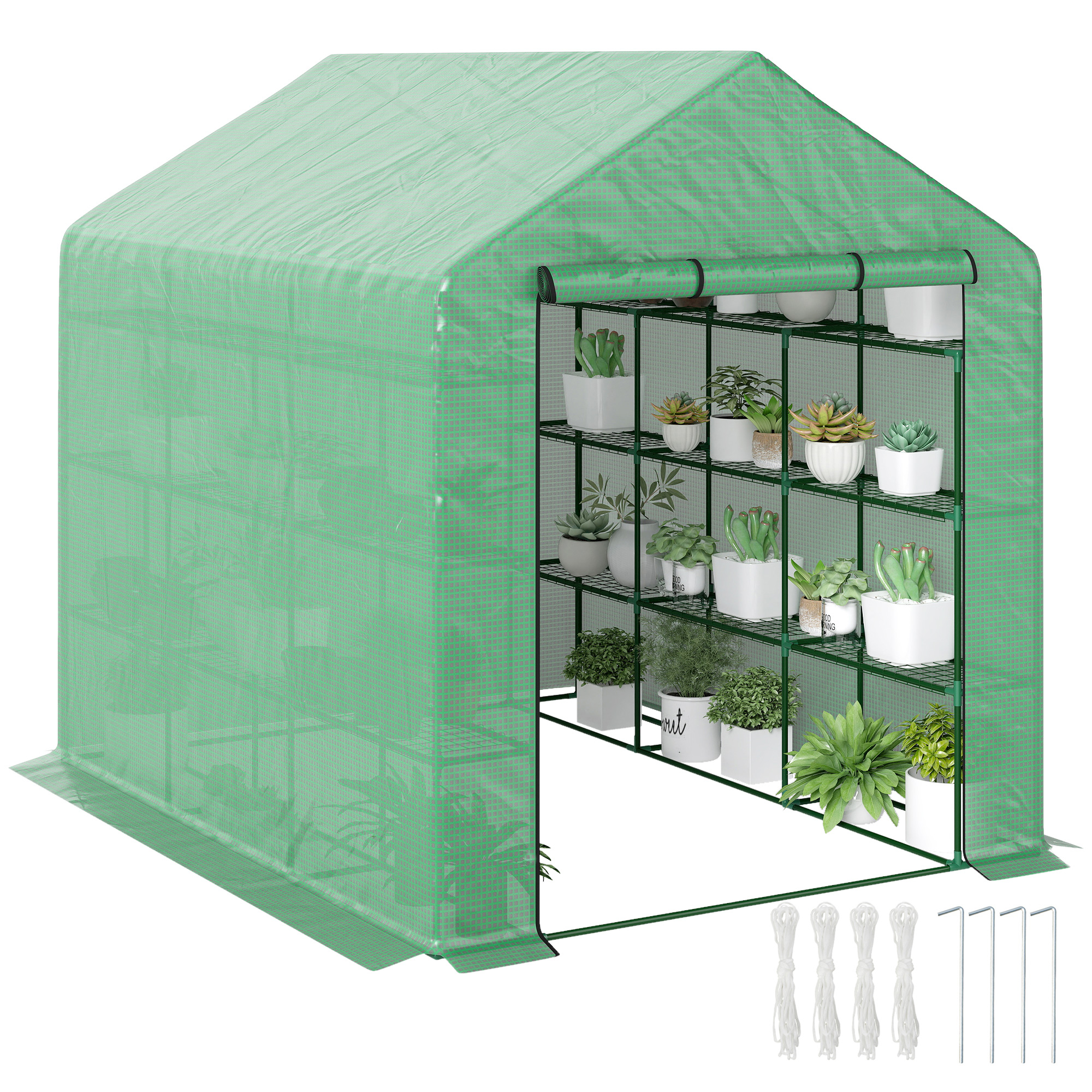 Outdoor Walk-in Greenhouse with Roll-up Zipper Door, 18 Shelves, PE Cover, 95.25