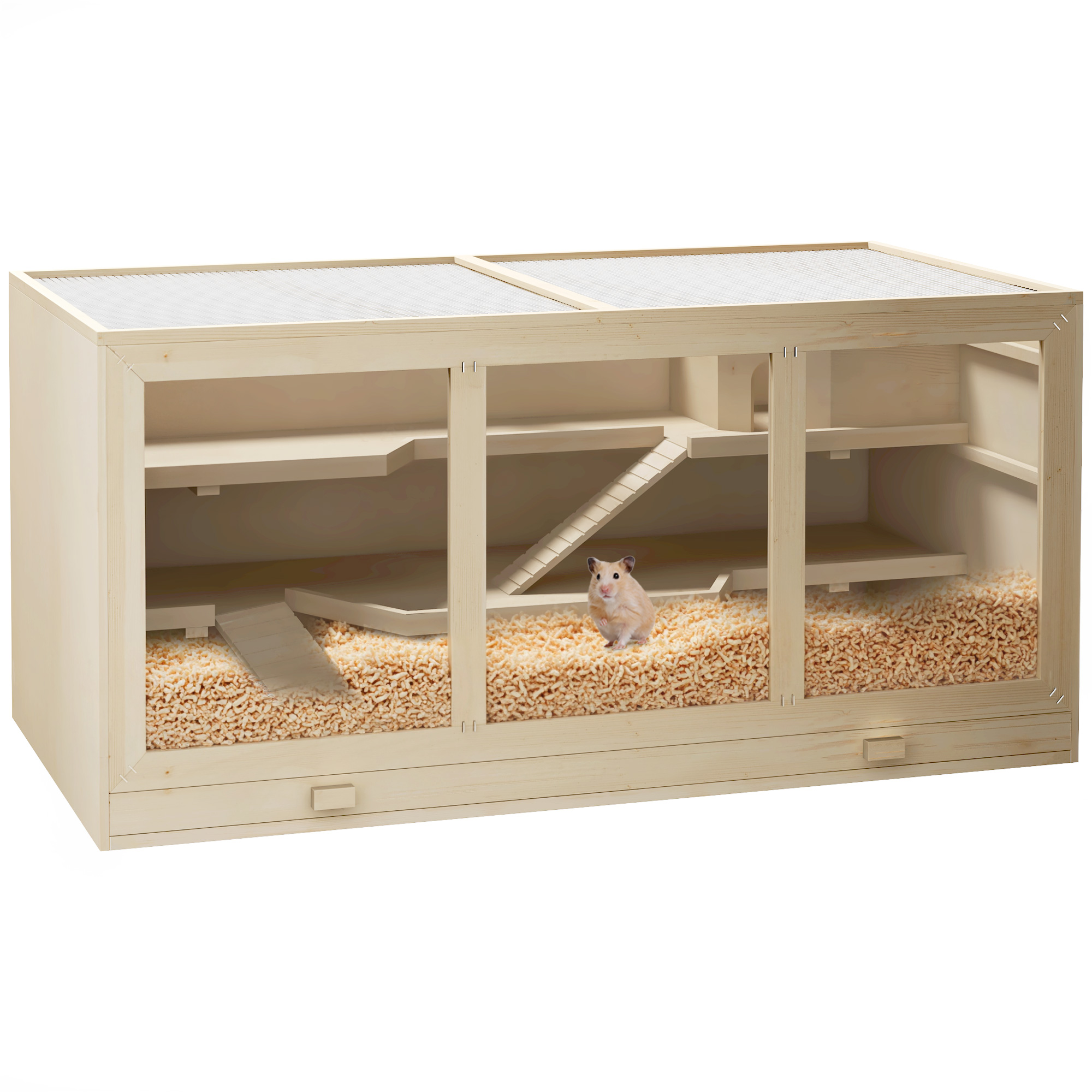 Wooden Hamster Cage, Small Animals Hutch with Tray, Openable Top, Exercise Play House Pen, 115L x 57W x 55Hcm, Natural (Drop Shipping Only, Not for Amazon)