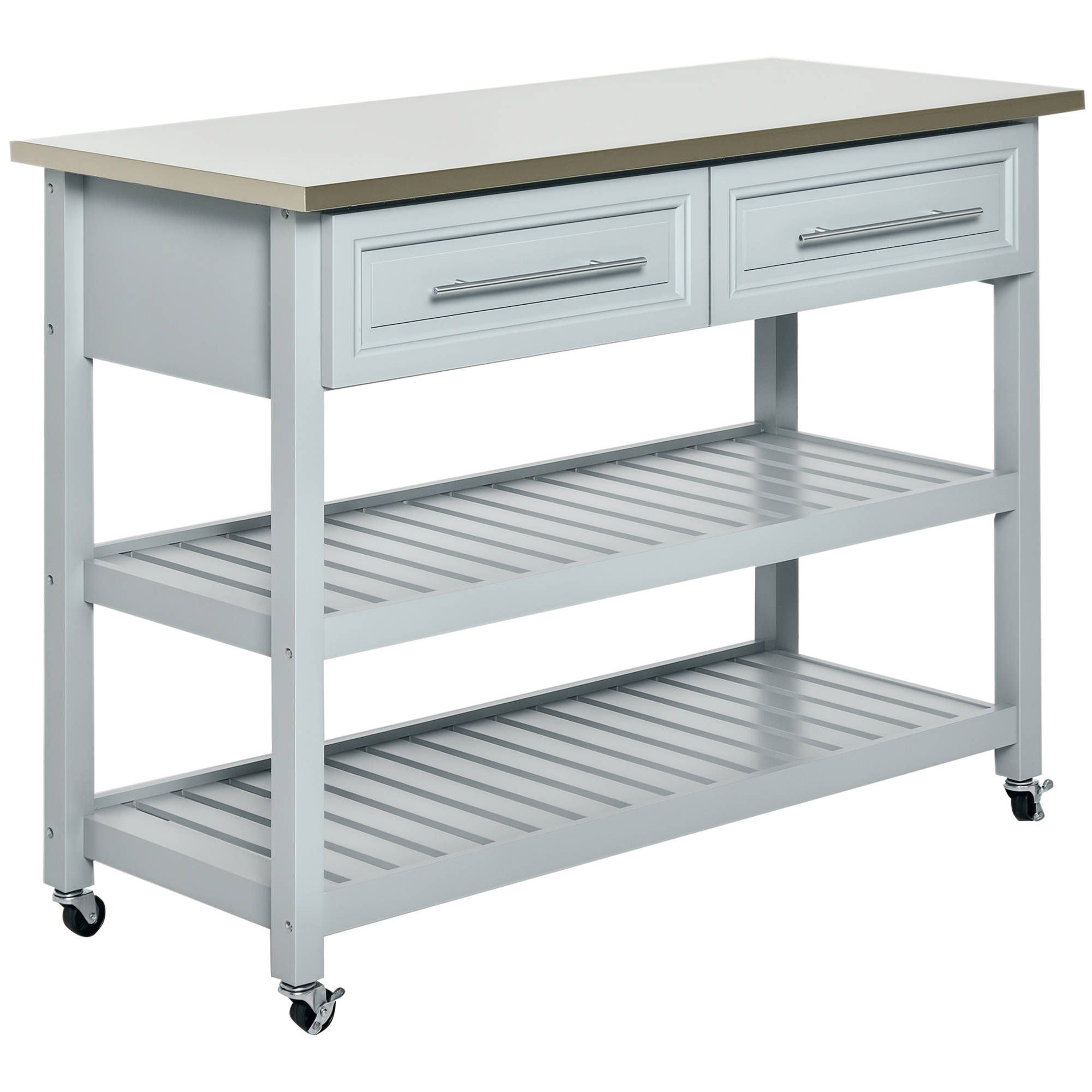 Kitchen Island with Stainless Steel Top, Traditional Kitchen Island with Storage, Butcher Block Cart 2-Tier Open Shelves, Drawers, Light Gray (Drop Shipping Only, Not for Amazon)
