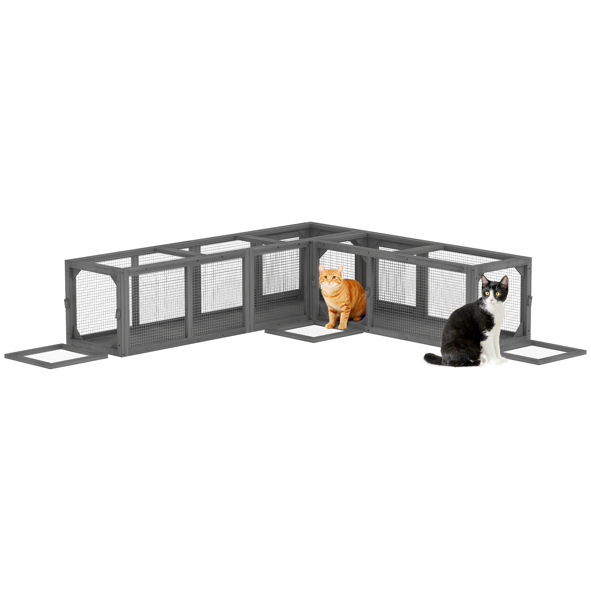 Cat Tunnel, 250cm Extra Long Wooden Cat Play Tunnel with 8 Doors, L-shape/Rectangle, Outdoor Cat Enclosure, Dark Grey (Drop Shipping Only, Not for Amazon)