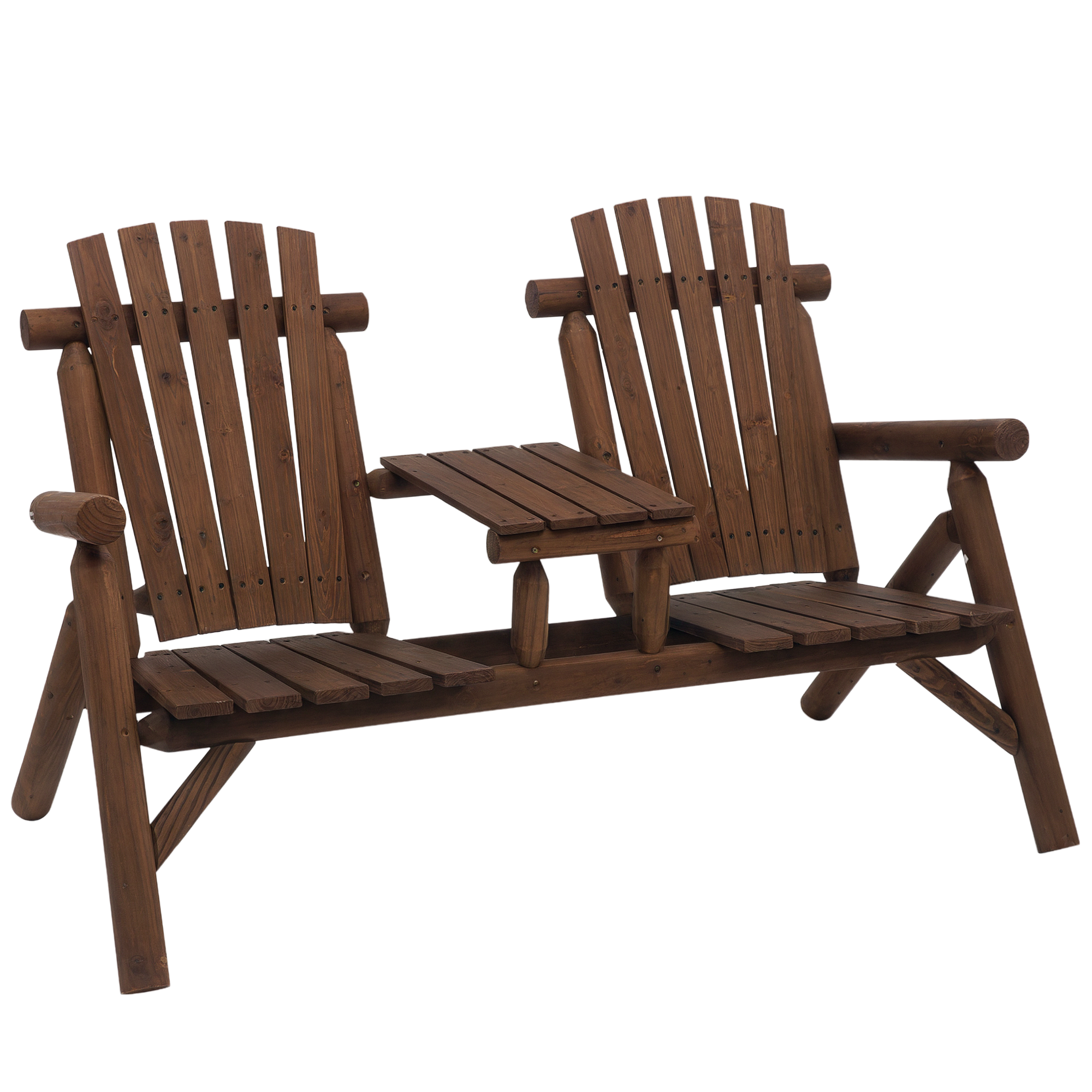 Wood Patio Chair Bench 2 Seats w/ Centre Coffee Table, Garden Bench, Carbonized (Drop Shipping Only, Not for Amazon)