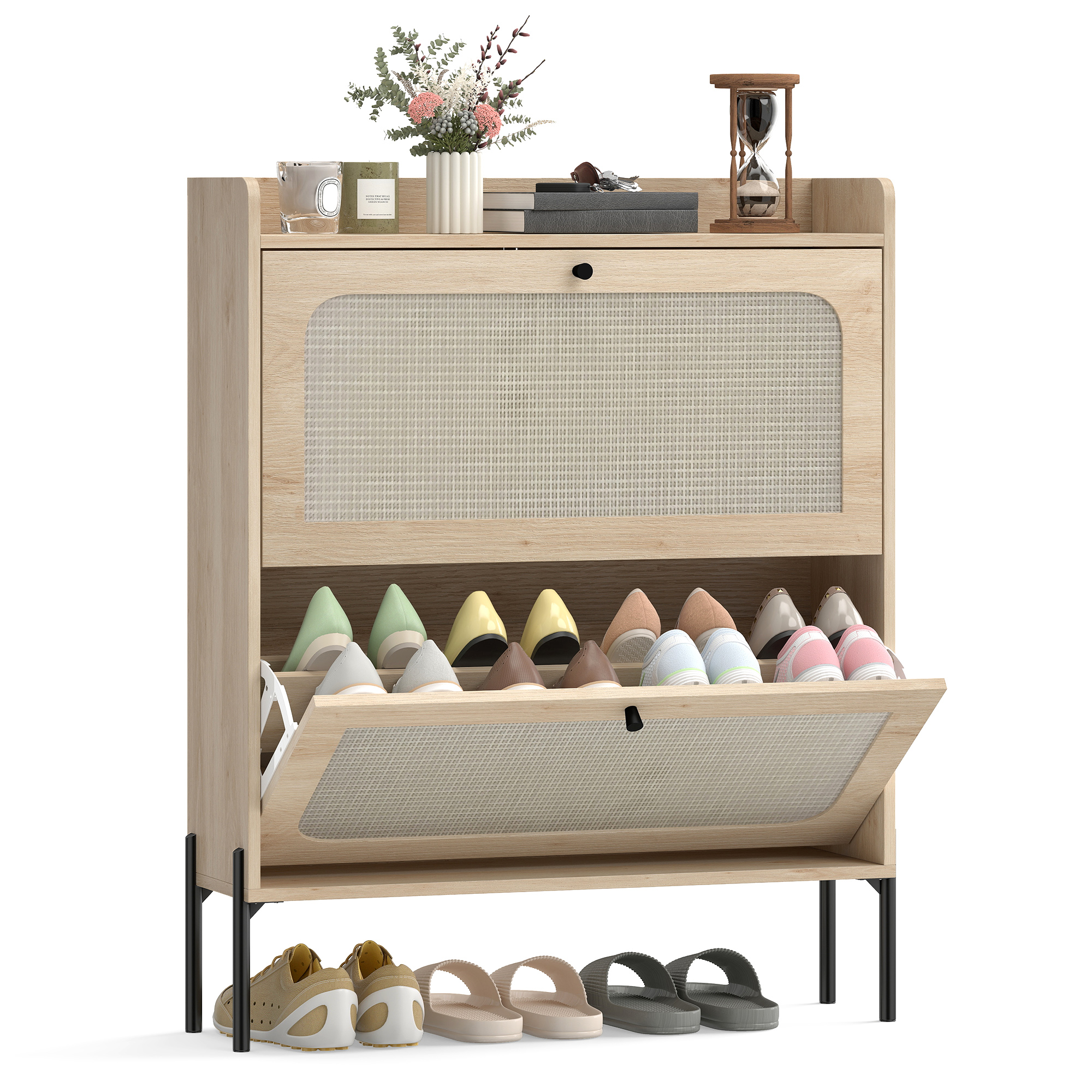 Shoe Cabinet with 2 Flip Drawers, Boho Narrow Shoe Storage Cabinet, Oak (Drop Shipping Only, Not for Amazon)