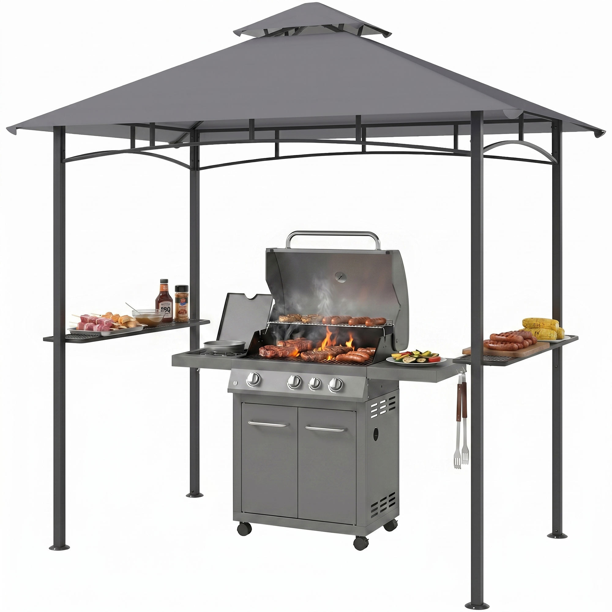 8' x 5' Grill Gazebo with Double Roof, Outdoor BBQ Canopy Gazebo with 2 Side Shelves for Patio Yard Garden Gray (Drop Shipping Only, Not for Amazon)