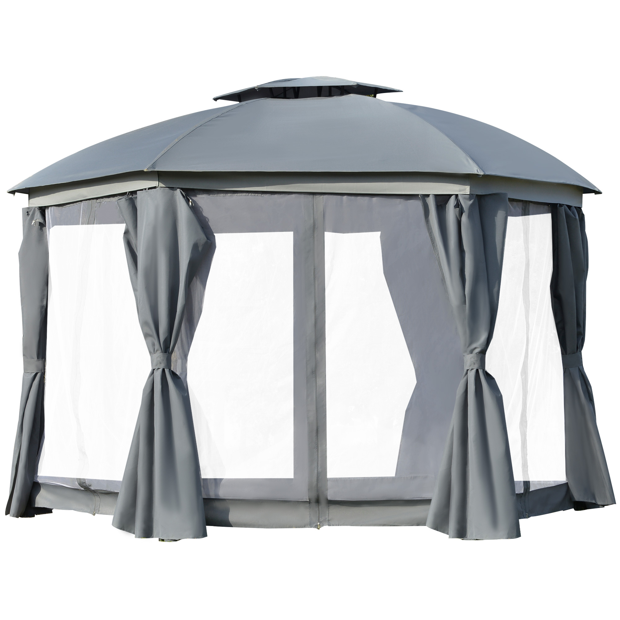 12' x 12' Round Outdoor Gazebo, Patio Dome Gazebo Canopy Shelter with Double Roof, Netting Sidewalls and Curtains, Zippered Doors, Strong Steel Frame, Grey (Drop Shipping Only, Not for Amazon)