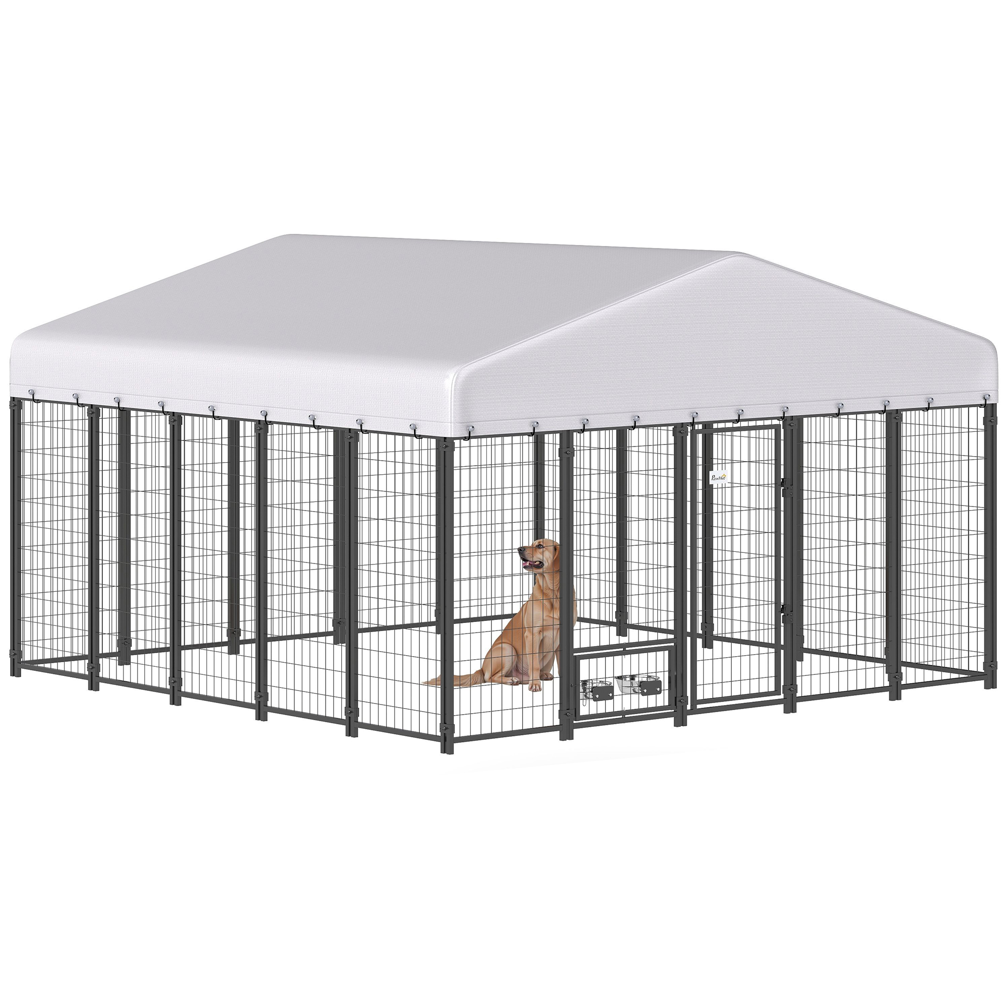 9.8' x 9.8' x 6' Outdoor Dog Kennel, Dog Kennel Outside Run with 360° Rotating Bowls, Waterproof & UV Resistant Cover (Drop Shipping Only, Not for Amazon)