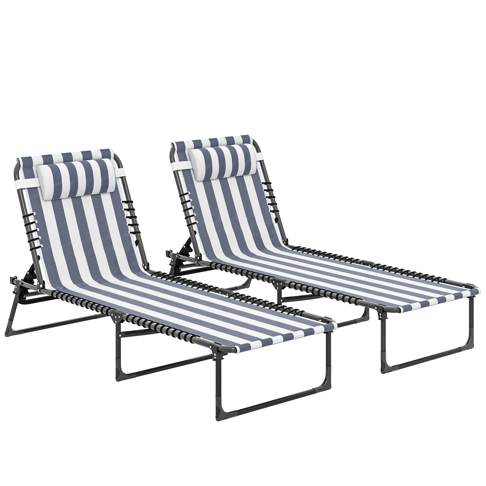 2 Folding Chaise Lounge Pool Chairs with 4-Position Reclining Back, Pillow, Breathable Mesh & Bungee Seat, Dark Blue (Drop Shipping Only, Not for Amazon)