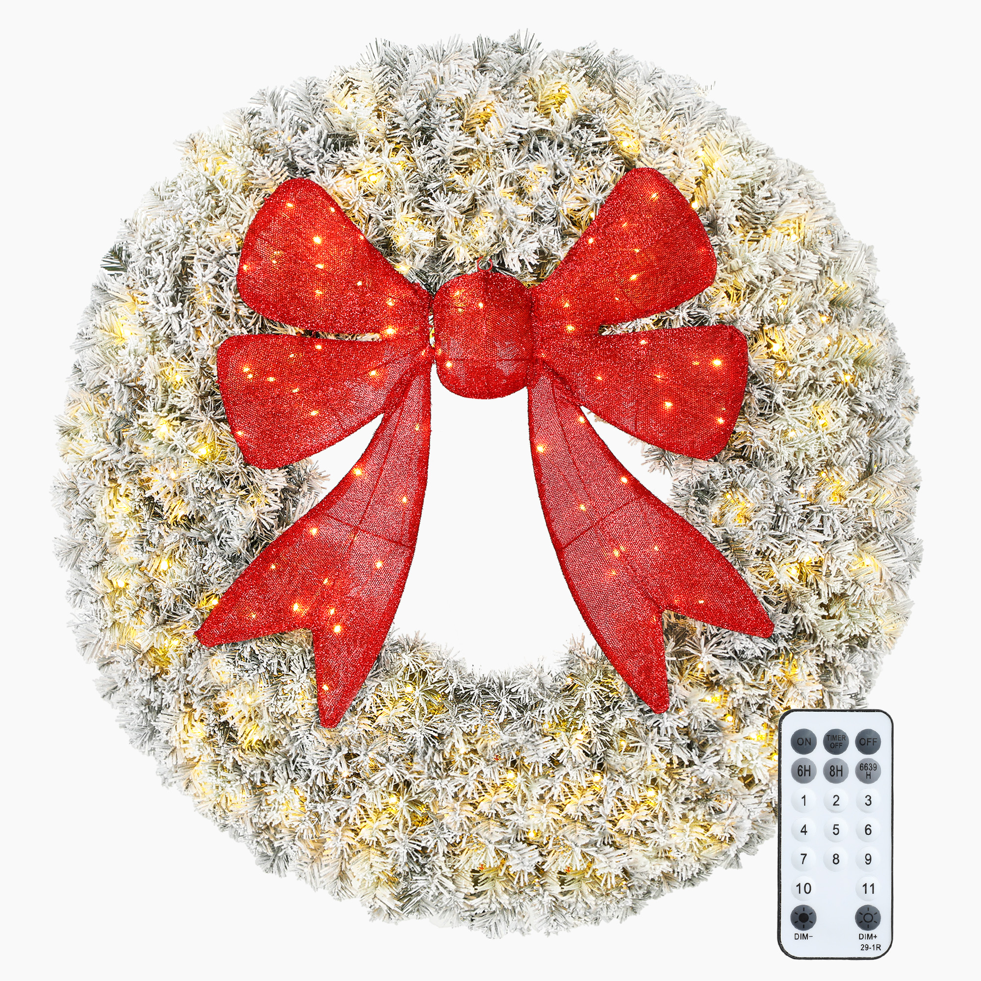 60in Flocked Pre-Lit Christmas Wreath with 3D Red Bow, 11 Lighting Modes, Front Door Christmas Wreath with Remote (Drop Shipping Only, Not for Amazon)