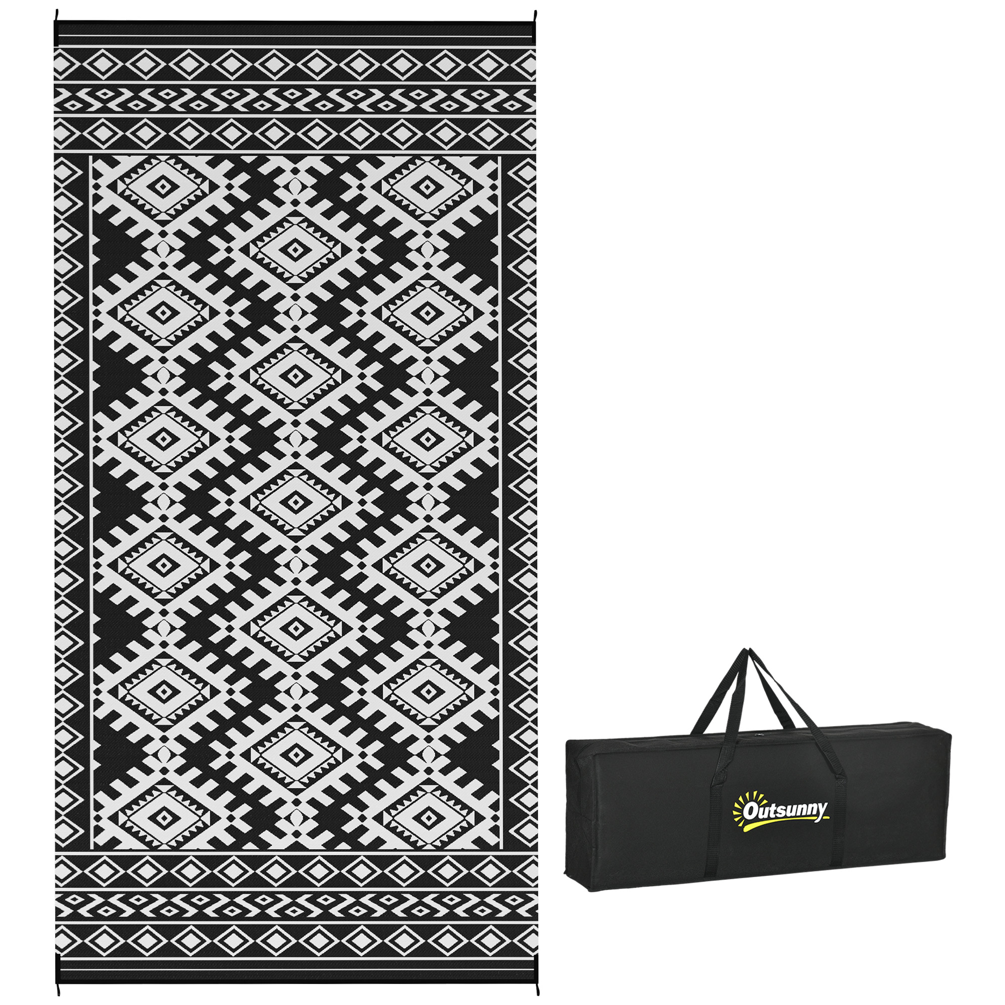 Reversible Outdoor Rug, Waterproof Plastic Straw with Carry Bag, 9' x 18', Black & White Rhombus Border (Drop Shipping Only, Not for Amazon)