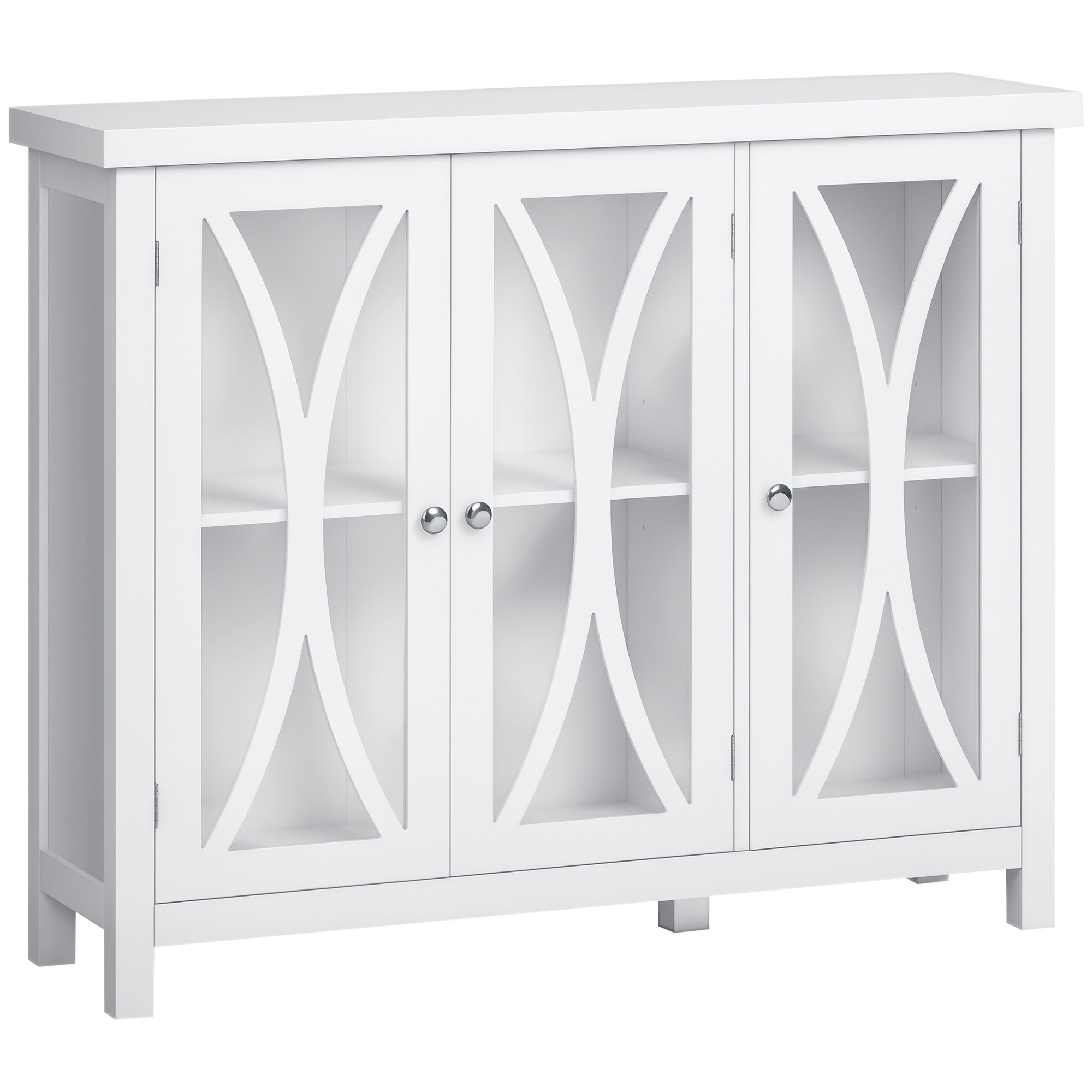 Sideboard, Buffet Cabinet with 3 Tempered Glass Doors, Arc Pattern and Adjustable Storage Shelf, Credenza, White (Drop Shipping Only, Not for Amazon)