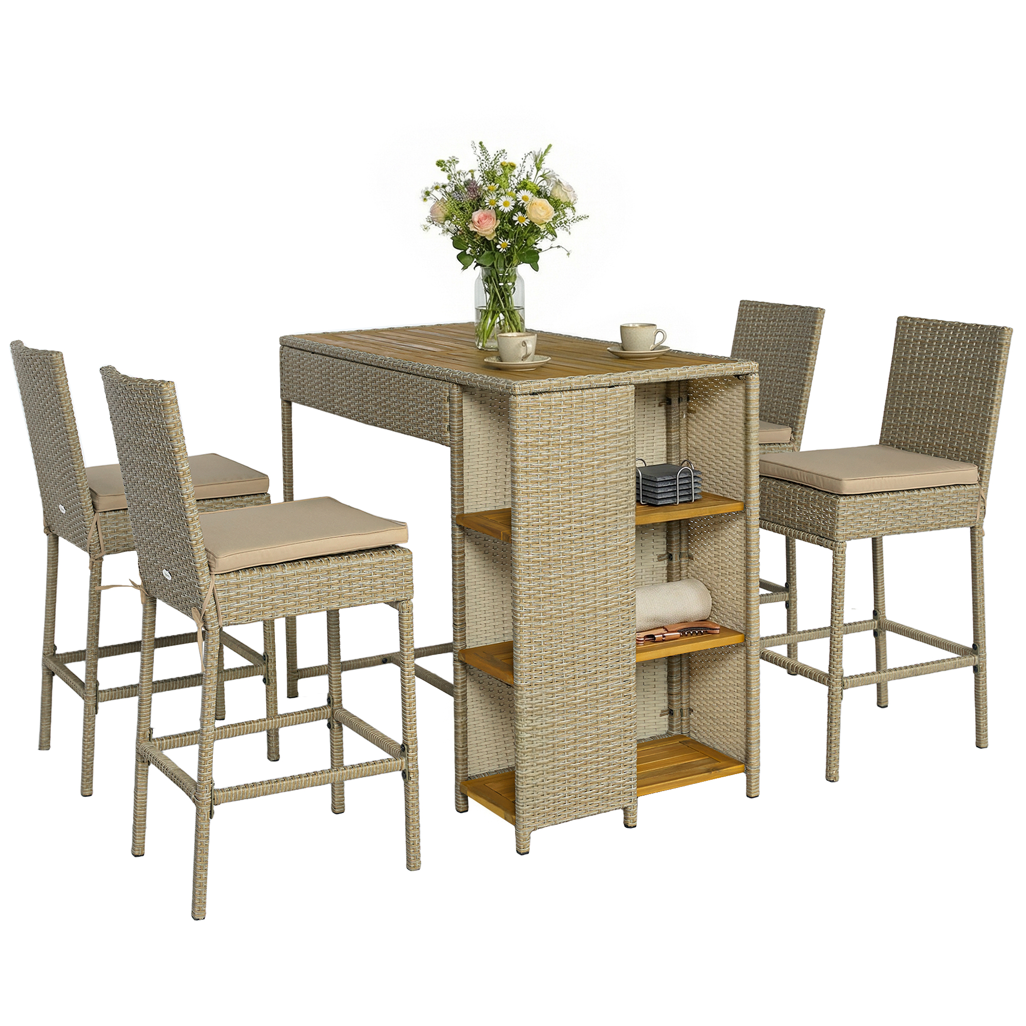 5 Piece Wicker Outdoor Bar Set, Acacia Wood Outdoor High Top Table and Chairs with 3 Tier Shelves, Cushions, Brown (Drop Shipping Only, Not for Amazon)