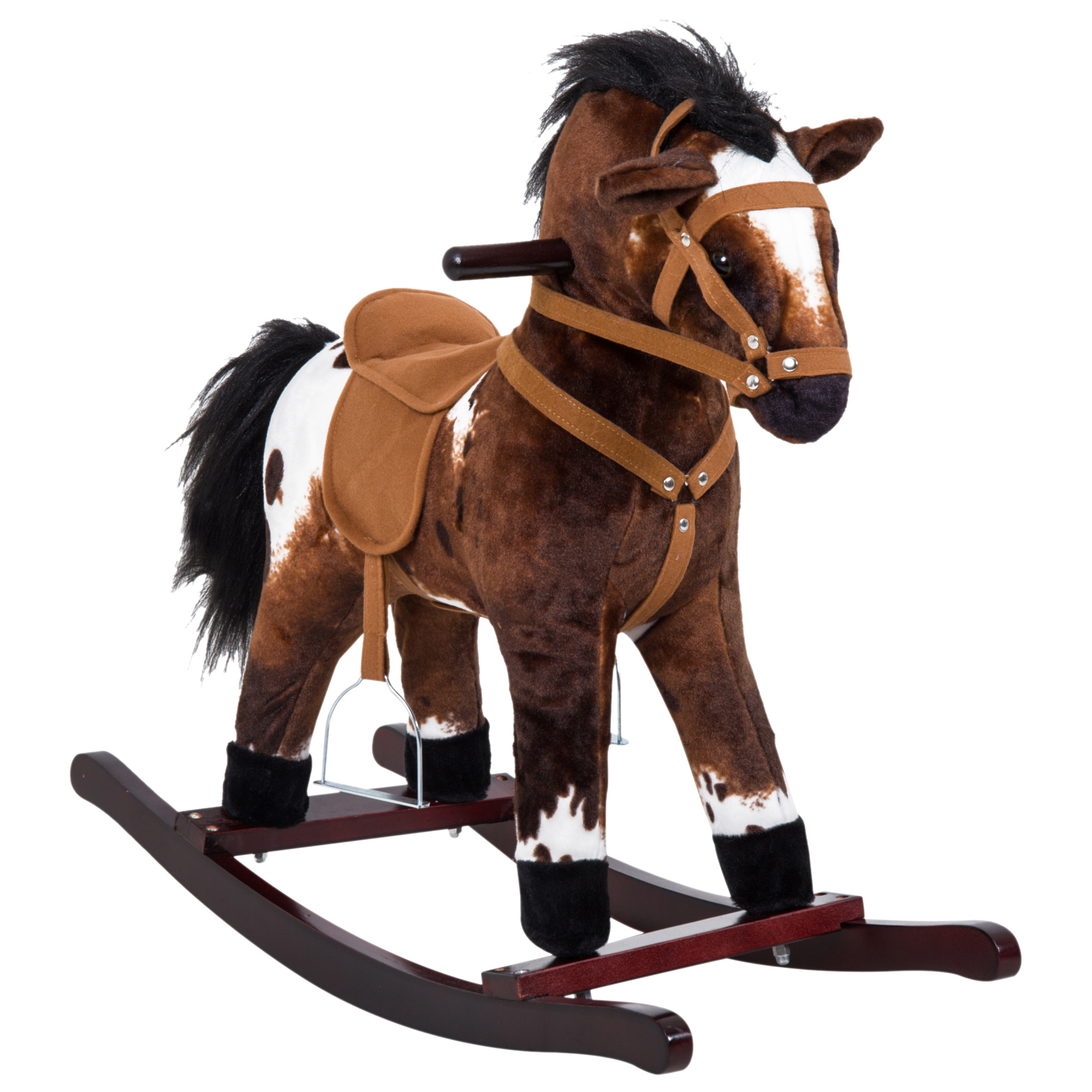 Qaba Kids Wooden Plush Ride-On Rocking Horse Chair Toy with Realistic Sounds Dark Brown/White (Drop Shipping Only, Not for Amazon)
