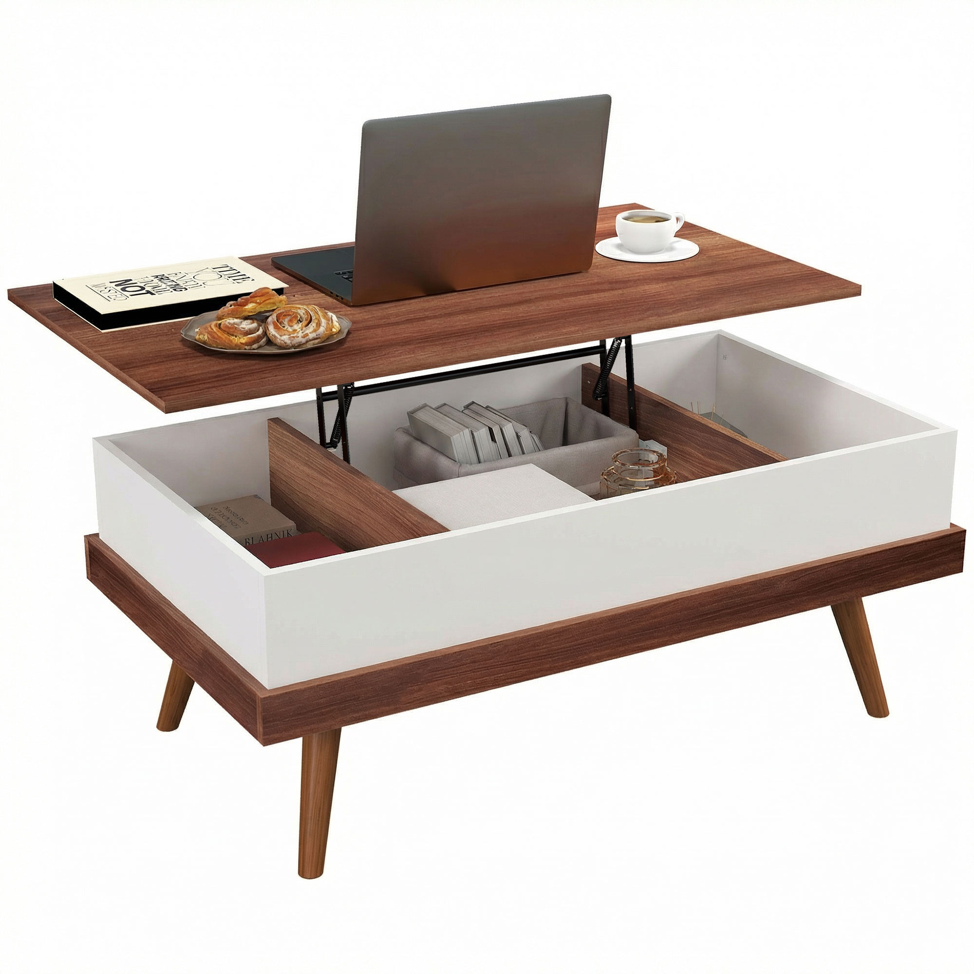 Lift Top Coffee Table with Hidden Compartments and Wood Legs, Walnut (Drop Shipping Only, Not for Amazon)
