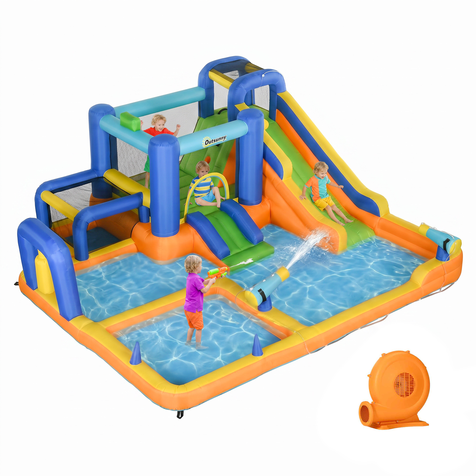7 in 1 Water Slide w/ Slide Pool Climbing Wall Water Cannon Basketball Hoop Boxing Post Football Stand for 3-8 Years (Drop Shipping Only, Not for Amazon)