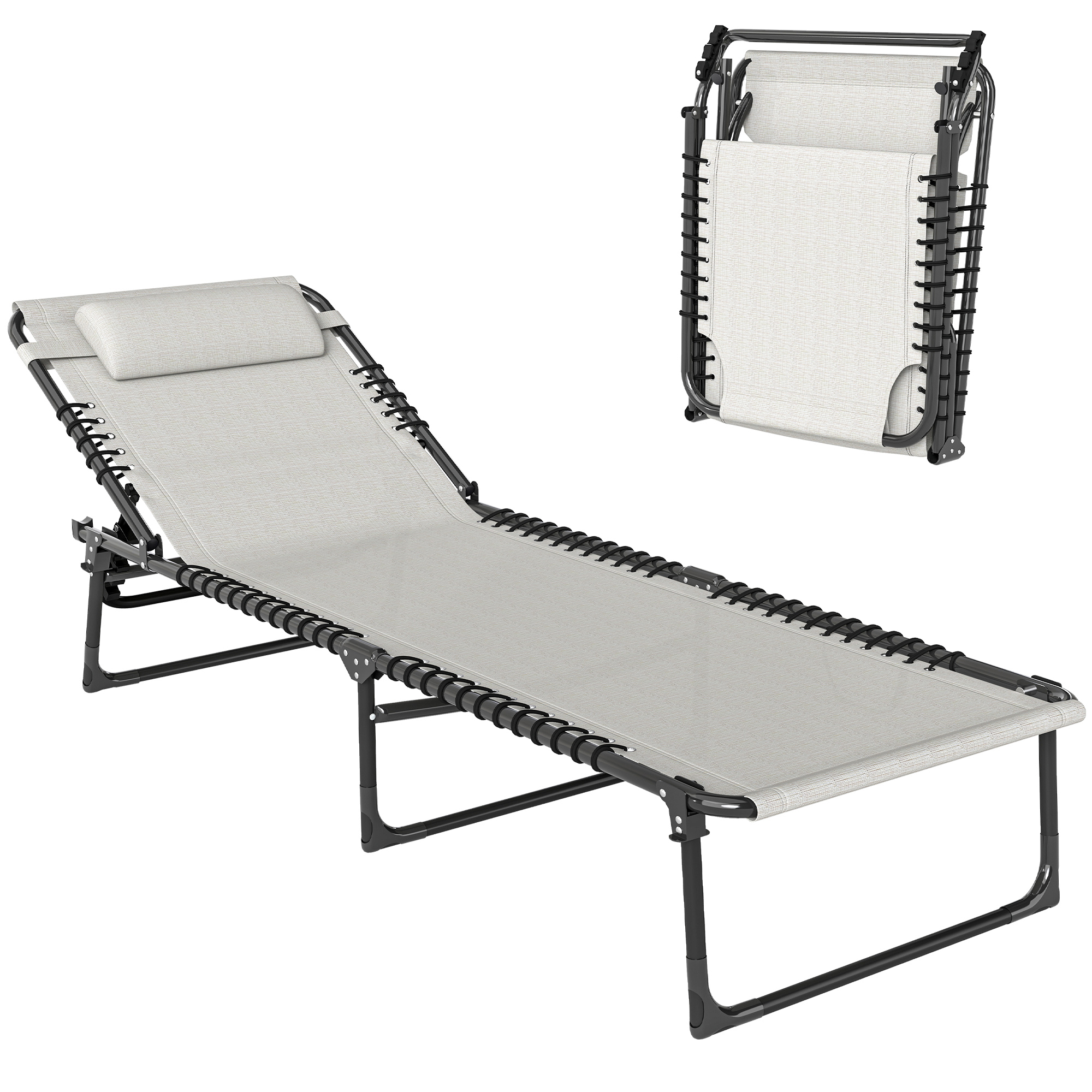 Folding Chaise Lounge Pool Chair with 4-Position Reclining Back, Pillow, Breathable Mesh & Bungee Seat, Black (Drop Shipping Only, Not for Amazon)