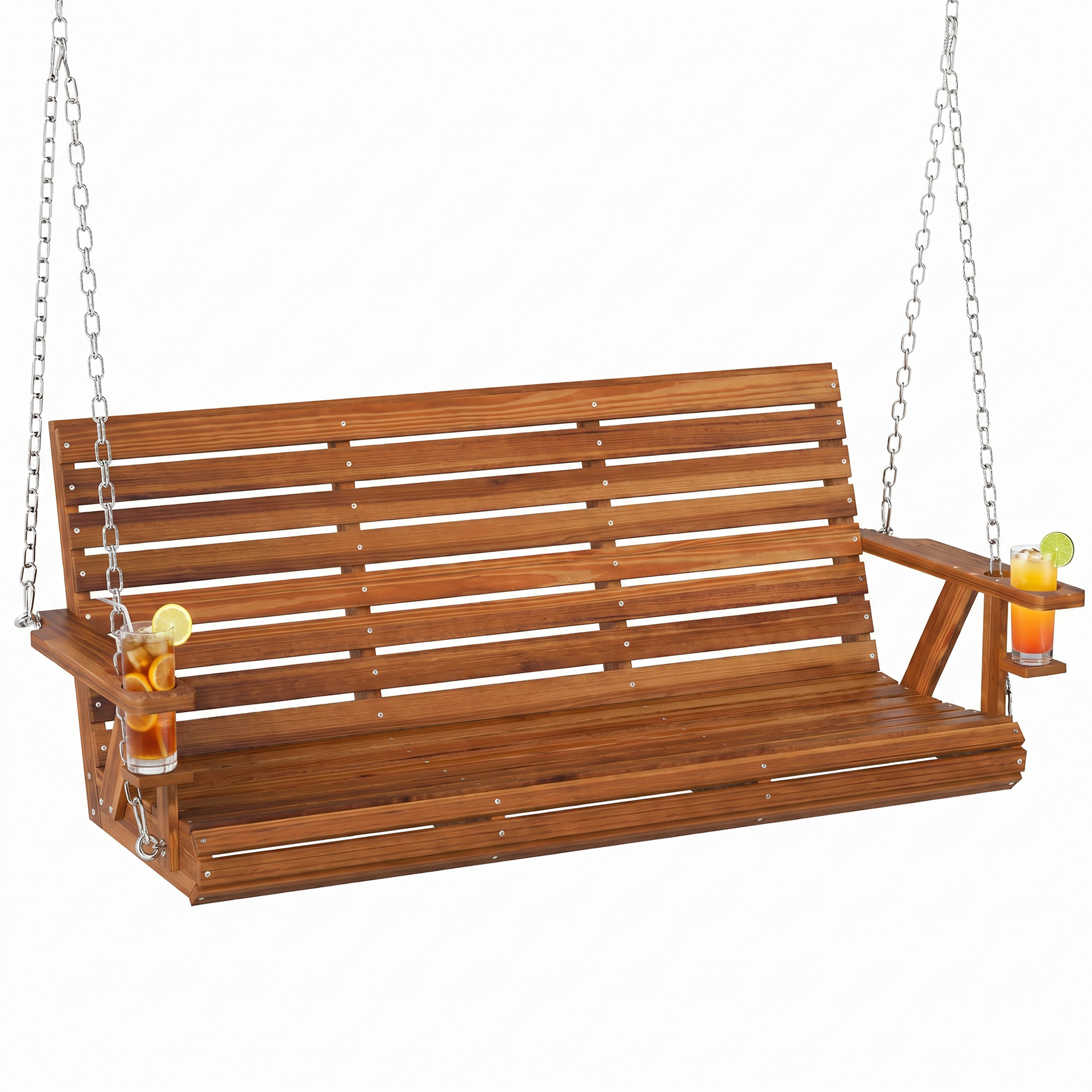 3-Seater Swing Bench, Wooden Porch Swing with Cupholders, Hanging Chains for Patio Garden, Carbonized (Drop Shipping Only, Not for Amazon)