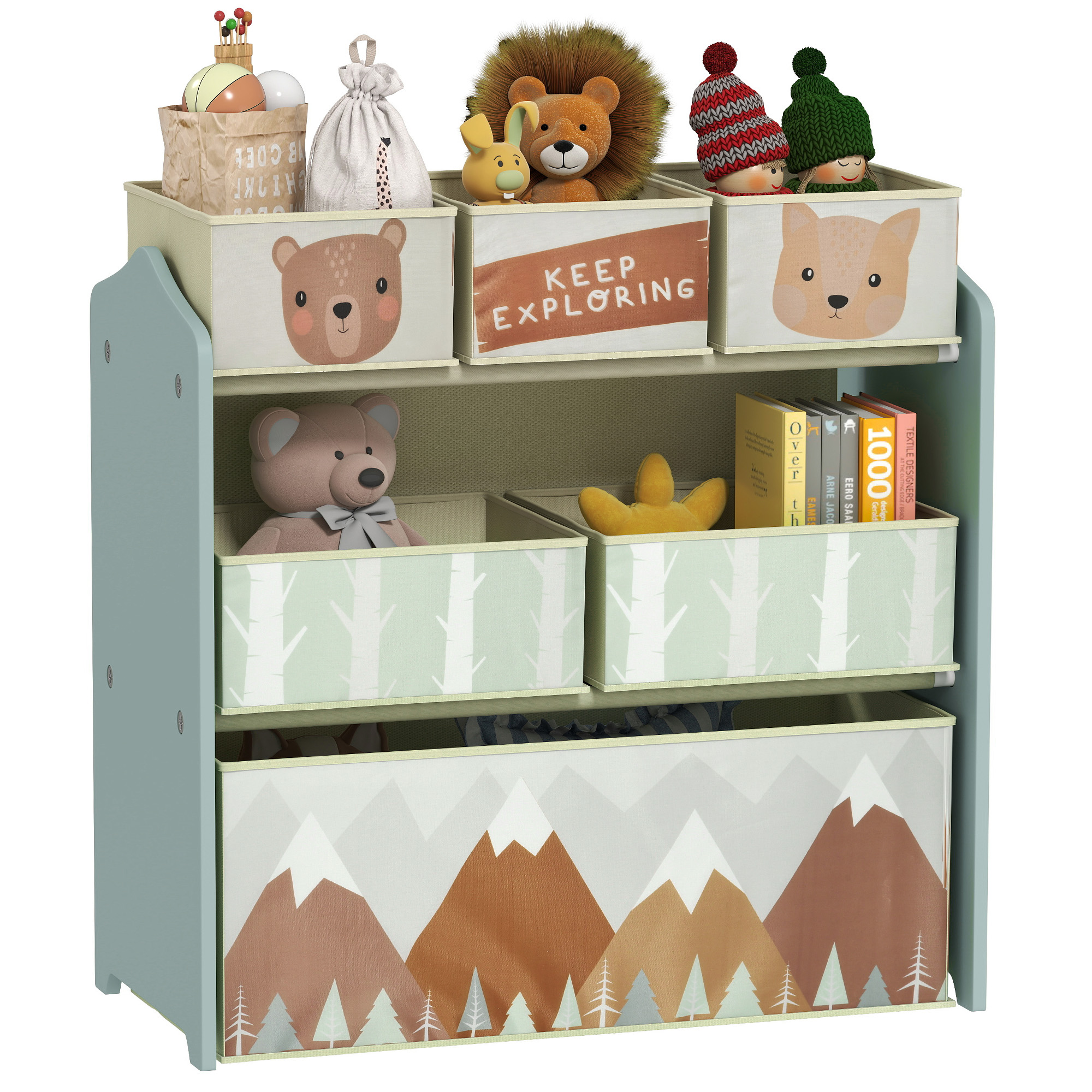 Kids Storage Unit, Toy Storage Organiser, with Six Fabric Bins, for Bedrooms, Playrooms, Nurseries - Green (Drop Shipping Only, Not for Amazon)