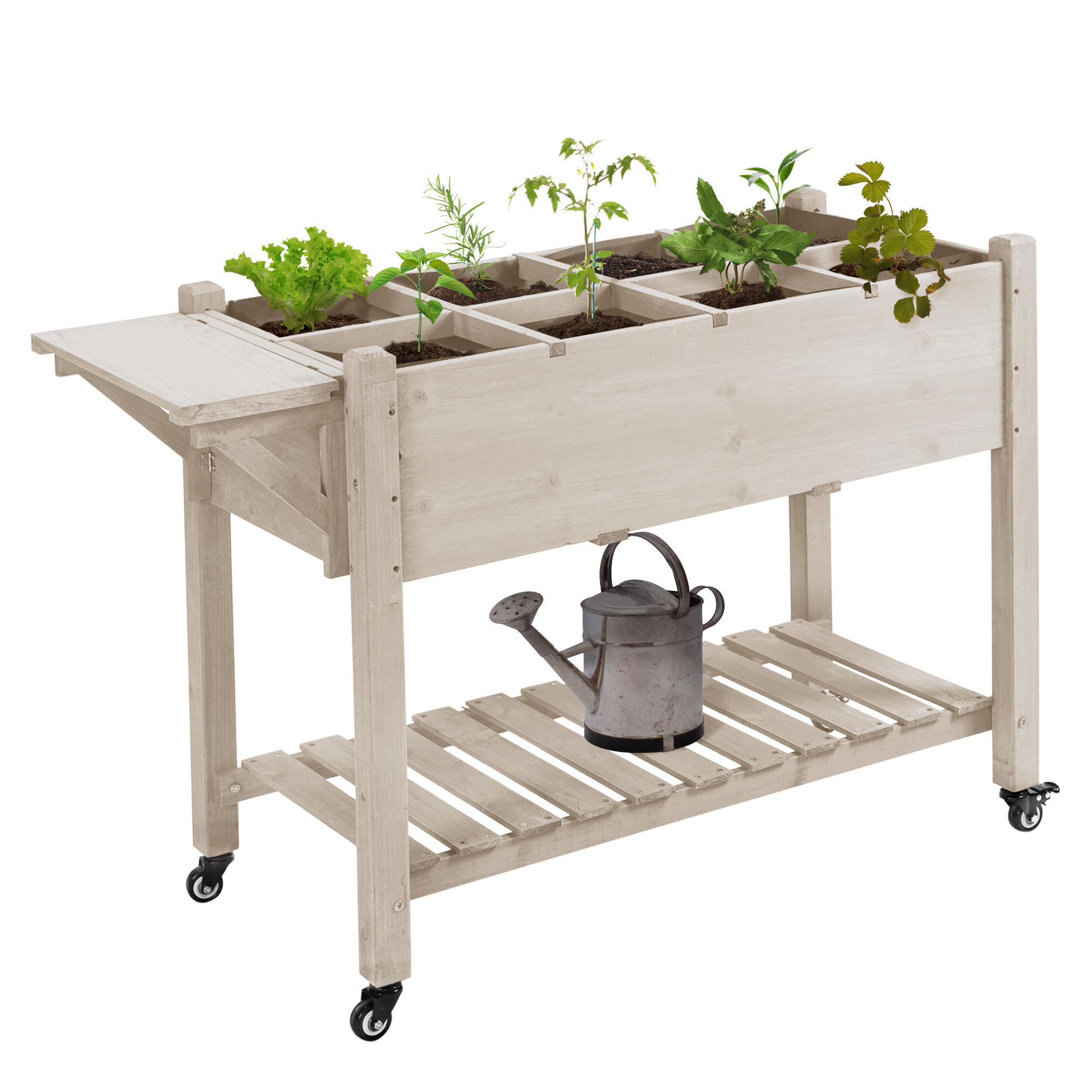 Raised Garden Bed Planter Box w/ 8 Grow Grids, Storage Shelf & Lockable Wheels (Drop Shipping Only, Not for Amazon)