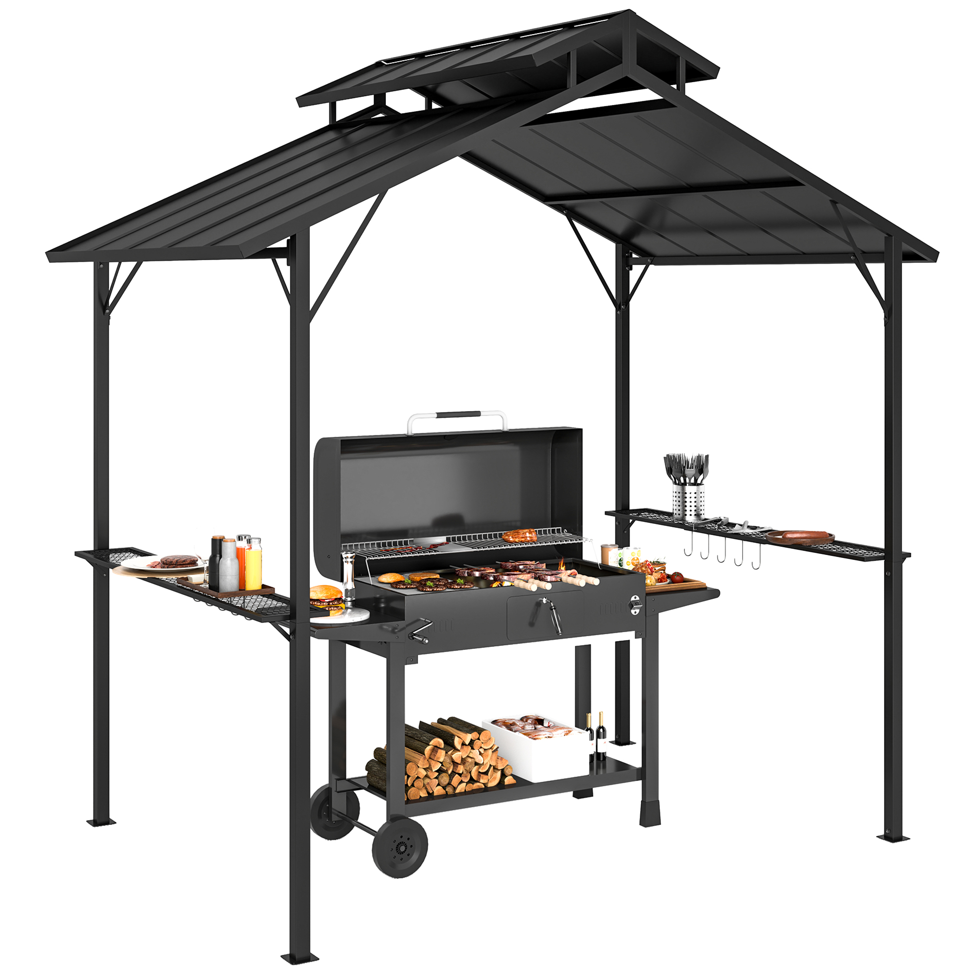 8 x 5ft Hardtop Grill Gazebo with Double Metal Roof, 2 Side Shelves and 10 Hooks for Patio Backyard Lawn Deck (Drop Shipping Only, Not for Amazon)
