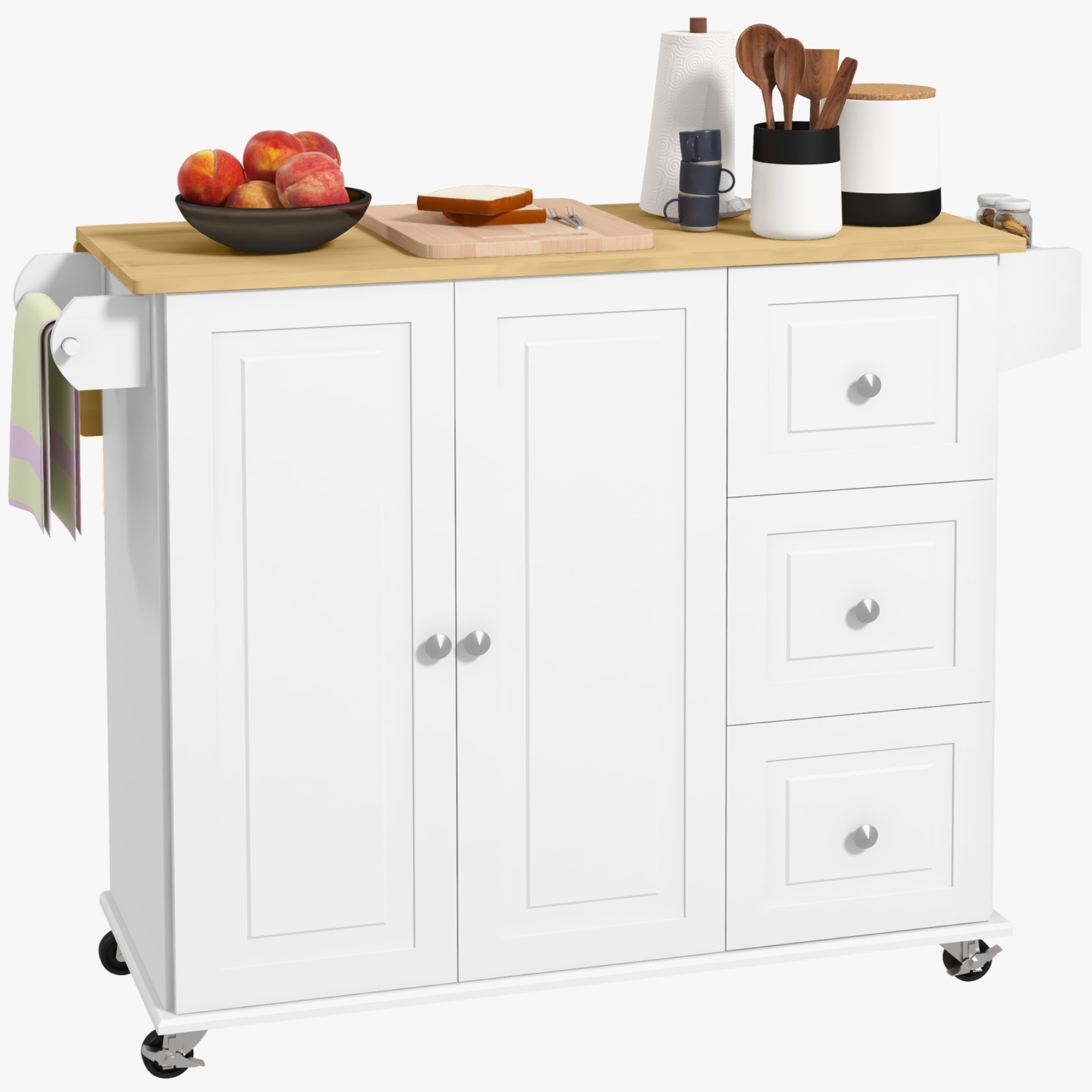 Kitchen Island with Drop Leaf, Rolling Kitchen Cart on Wheels with 3 Drawers, Cabinet, Natural Wood Top, Spice Rack and Towel Rack, White (Drop Shipping Only, Not for Amazon)